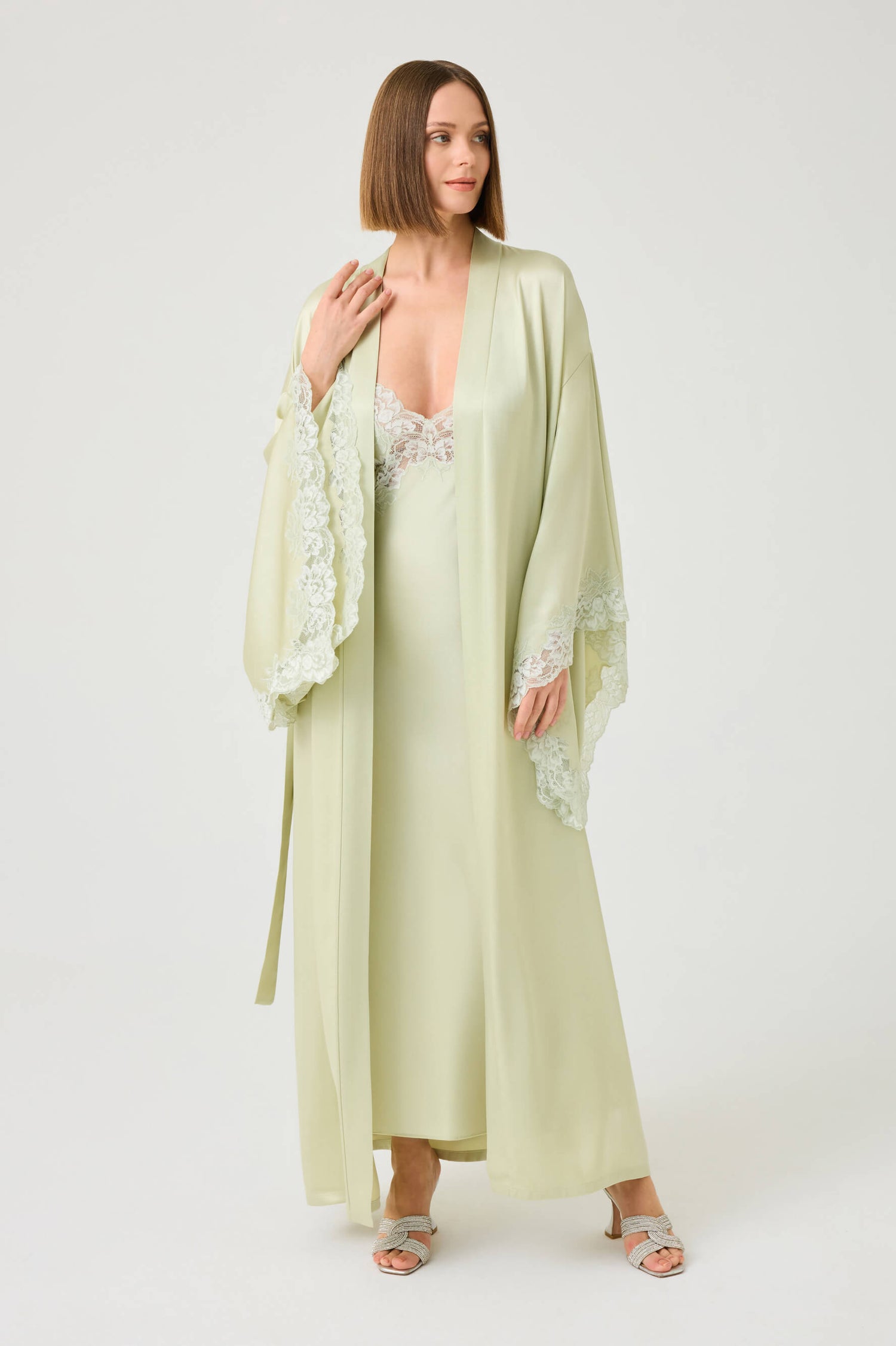 Heidi Long Rayon Robe Set with Light Green Lace on Light Green