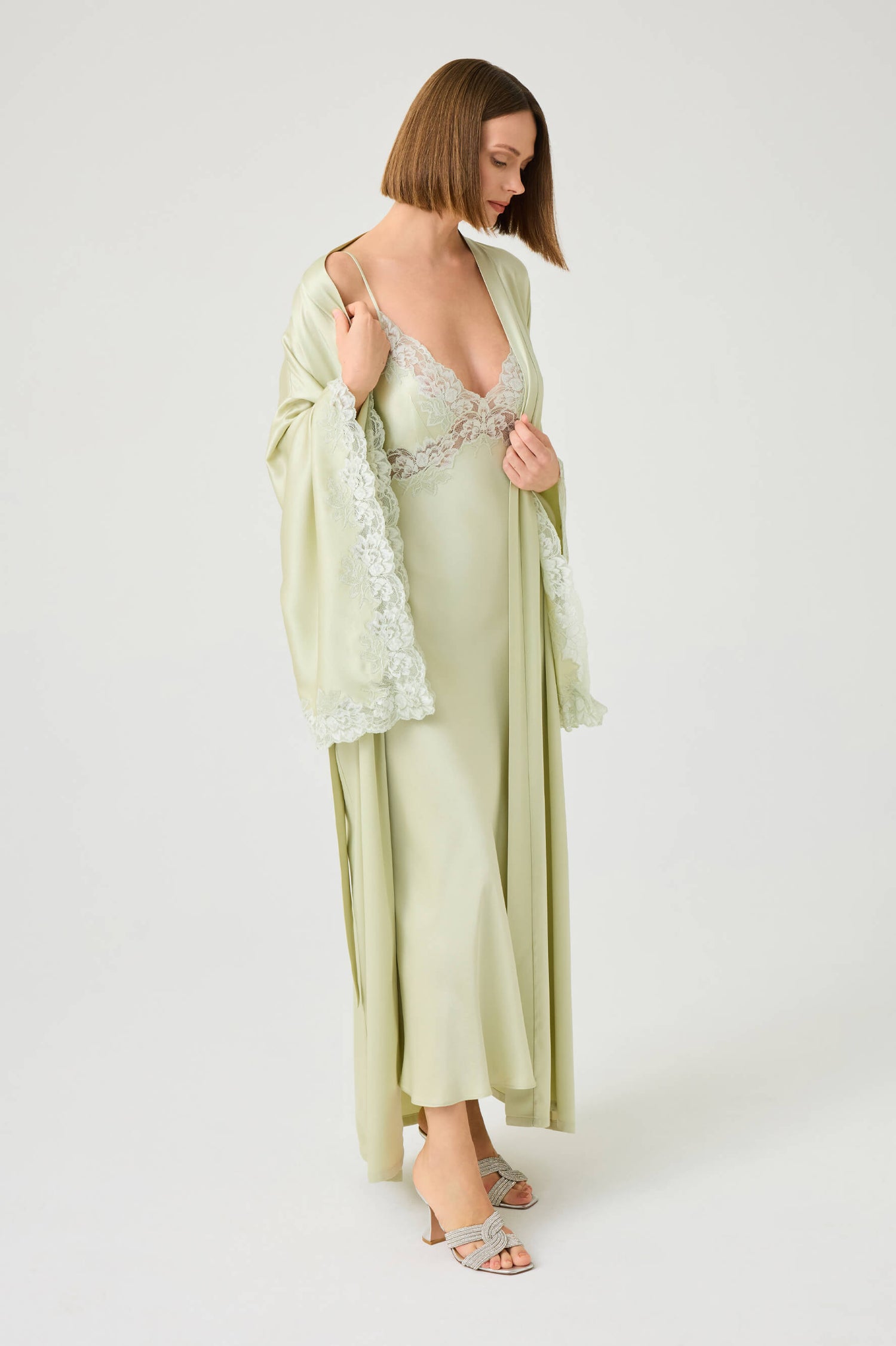 Heidi Long Rayon Robe Set with Light Green Lace on Light Green