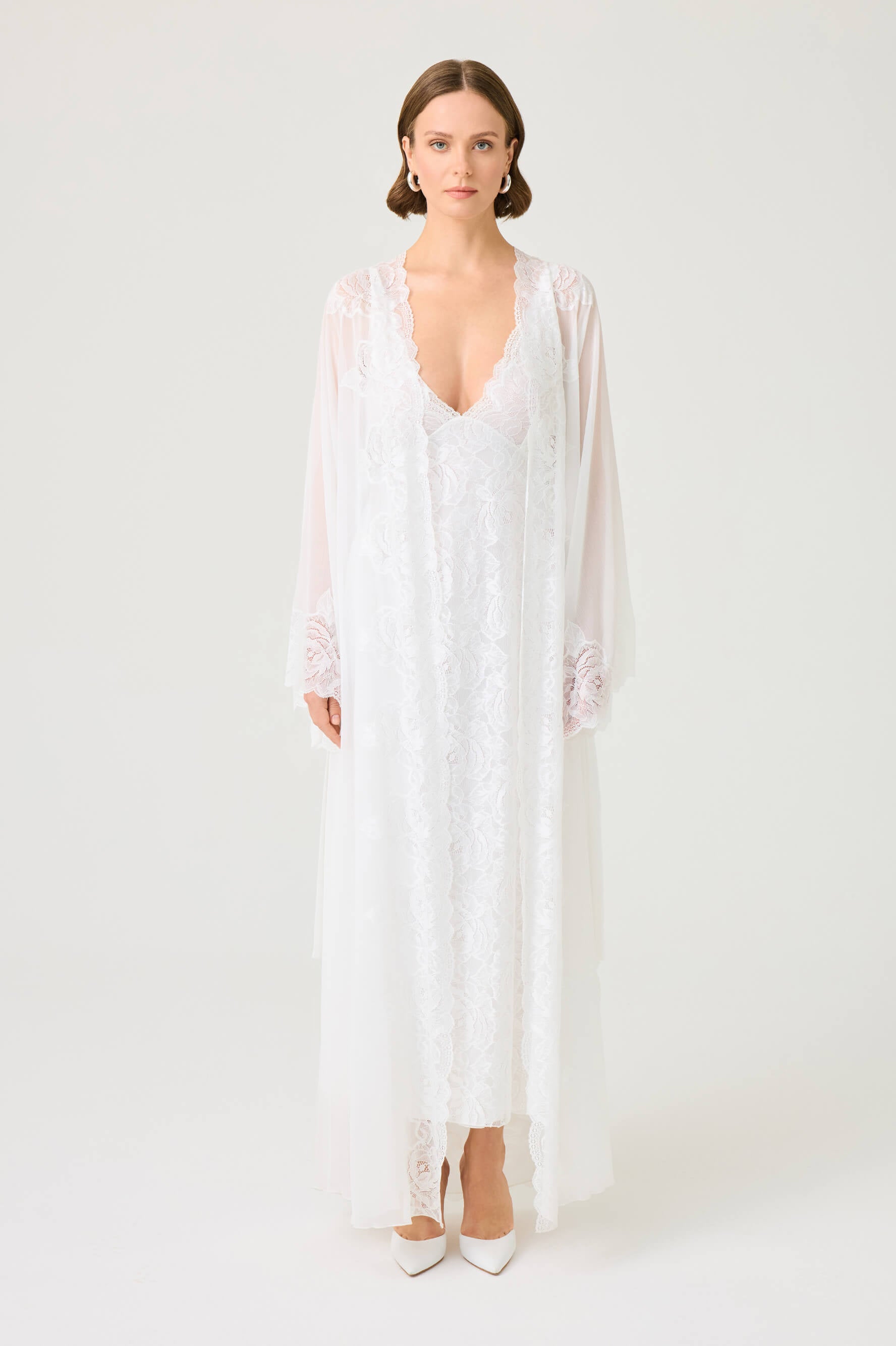 Rosaria Long Silky Chiffon Robe Set with Off White Lace on Off White