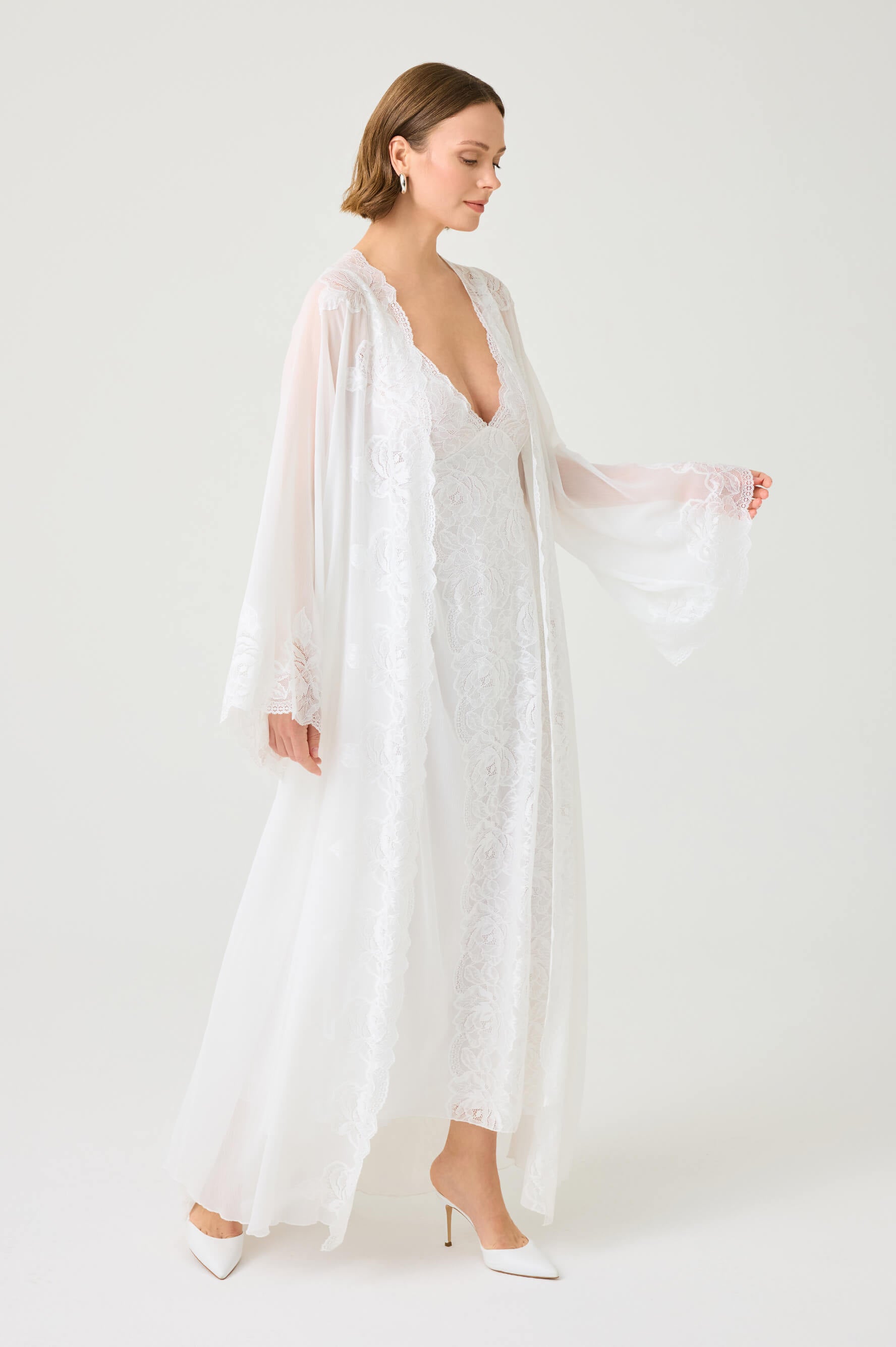 Rosaria Long Silky Chiffon Robe Set with Off White Lace on Off White