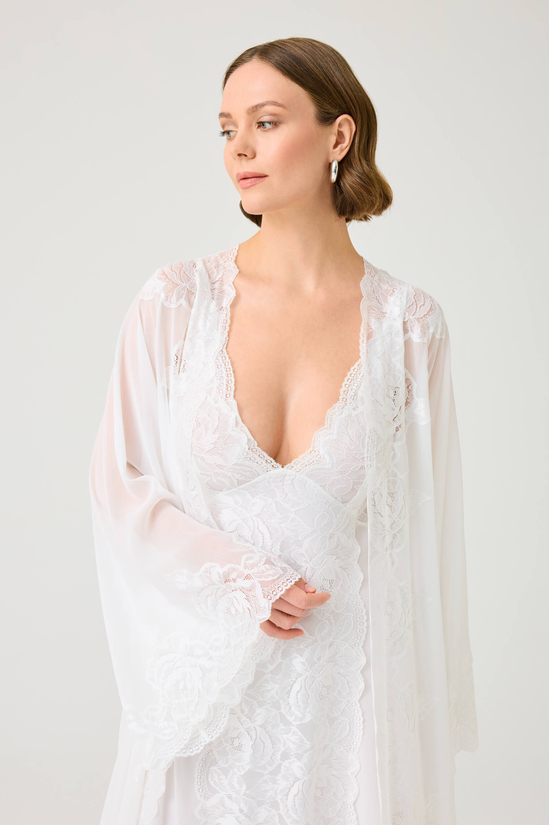 Rosaria Long Silky Chiffon Robe Set with Off White Lace on Off White