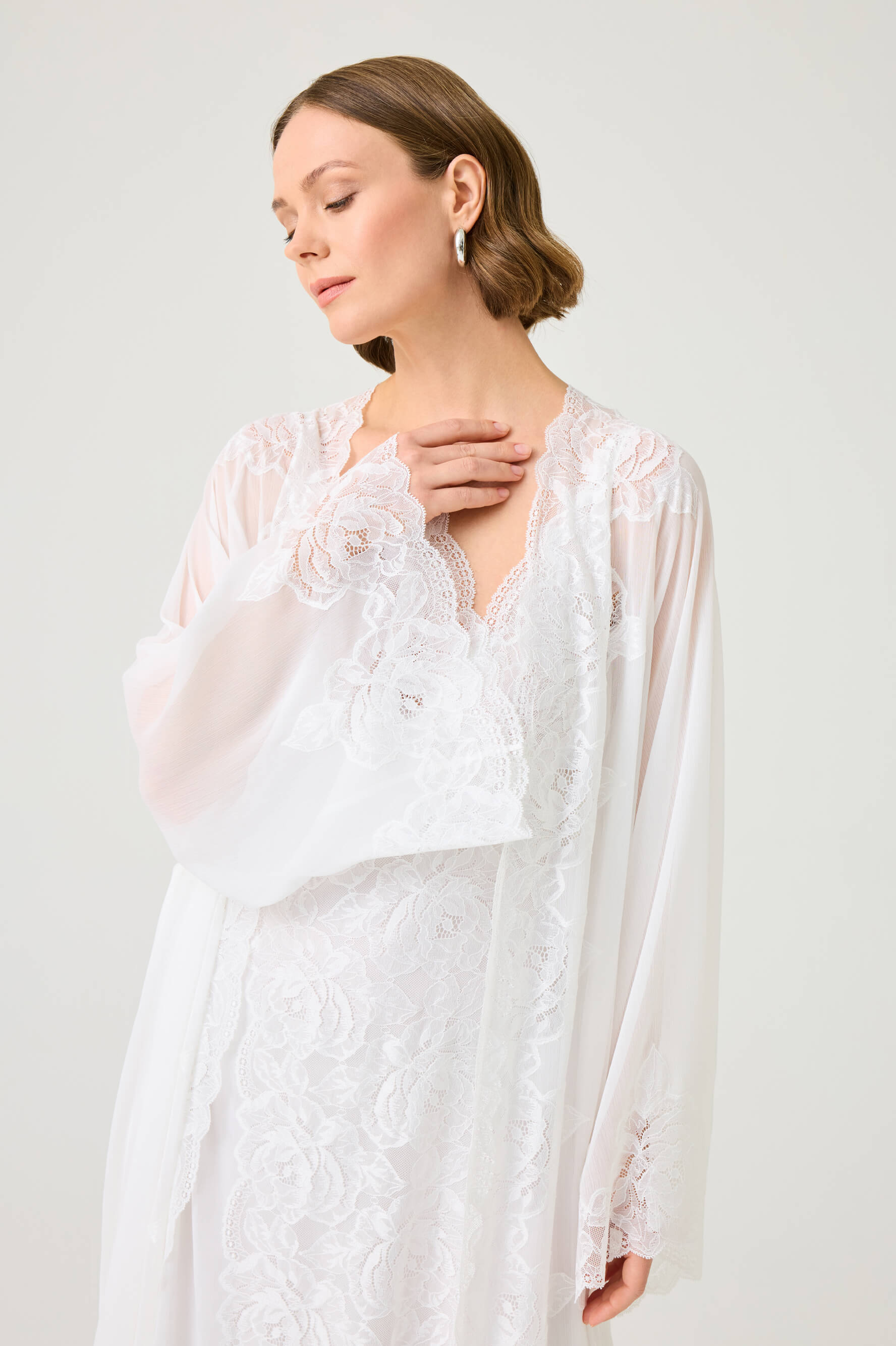 Rosaria Long Silky Chiffon Robe Set with Off White Lace on Off White