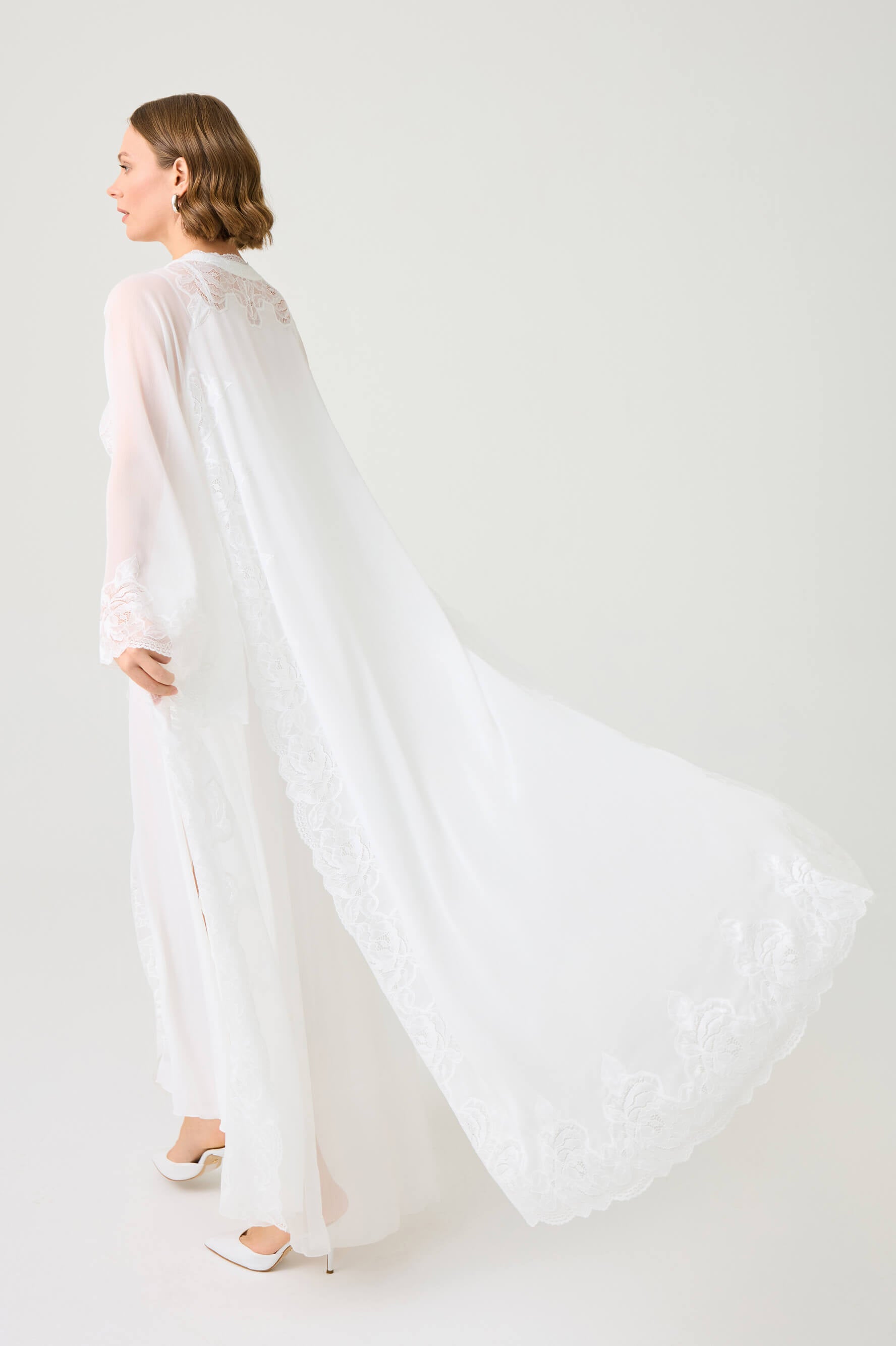 Rosaria Long Silky Chiffon Robe Set with Off White Lace on Off White