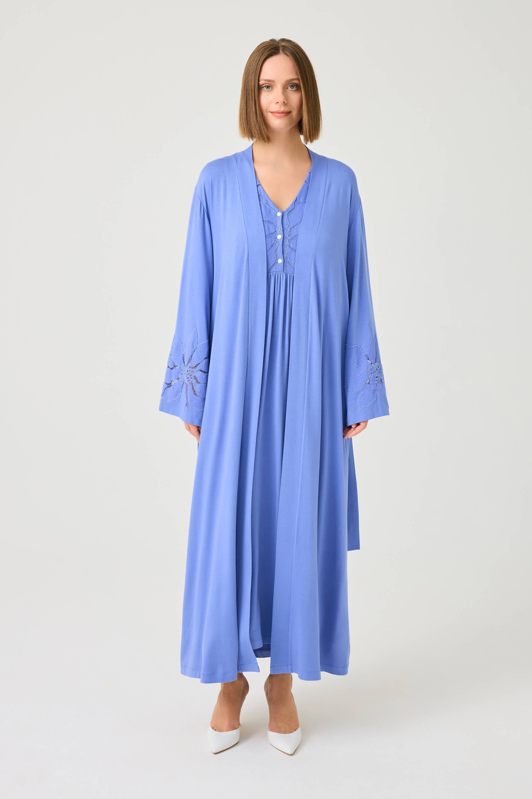 Bluebell Long Cotton Jersey Robe Set with Dark Lilac Lace on Dark Lilac