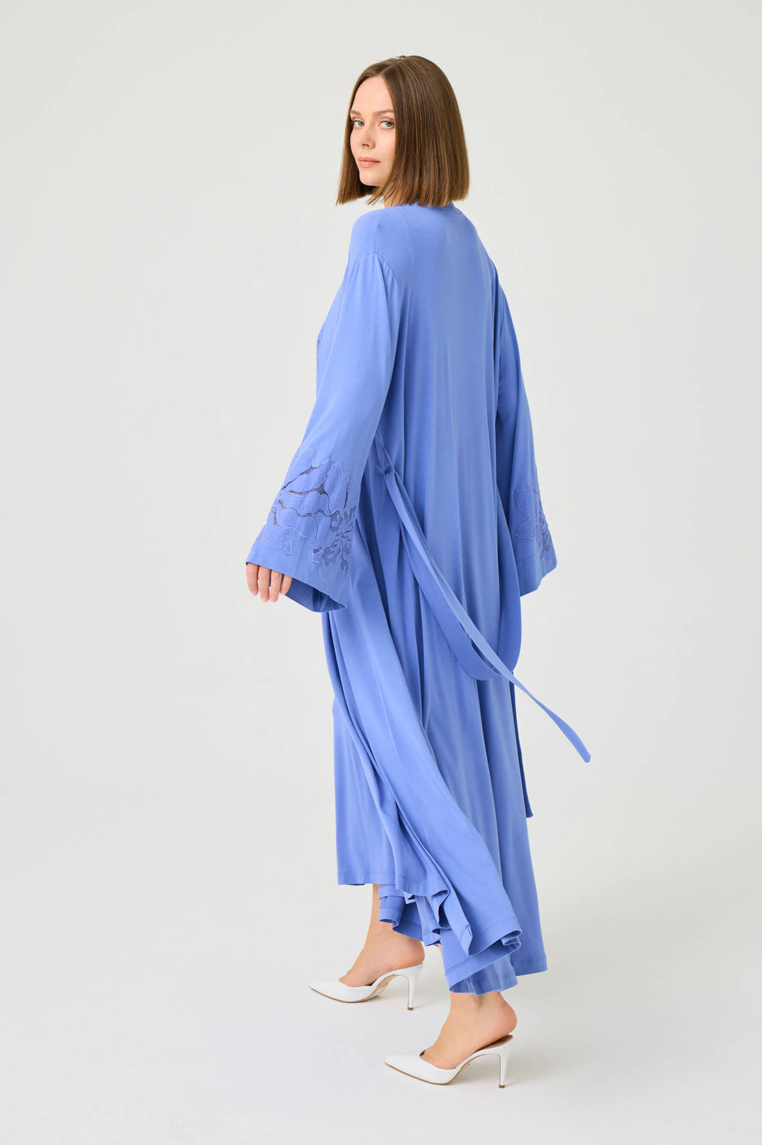 Bluebell Long Cotton Jersey Robe Set with Dark Lilac Lace on Dark Lilac