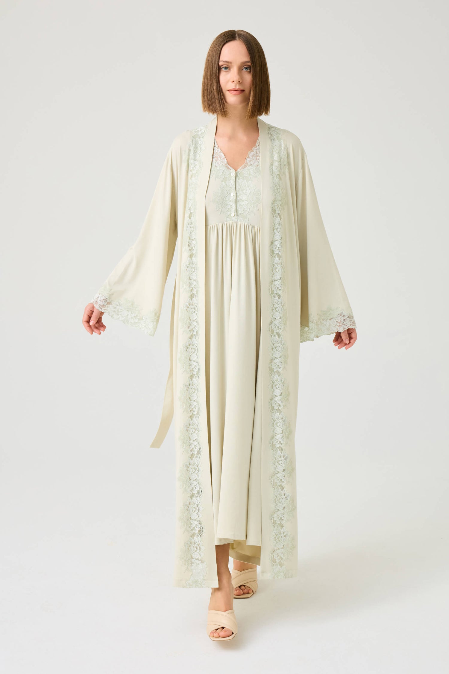 Solenne Long Cotton Jersey Robe Set with Sage Green Lace Sage Green