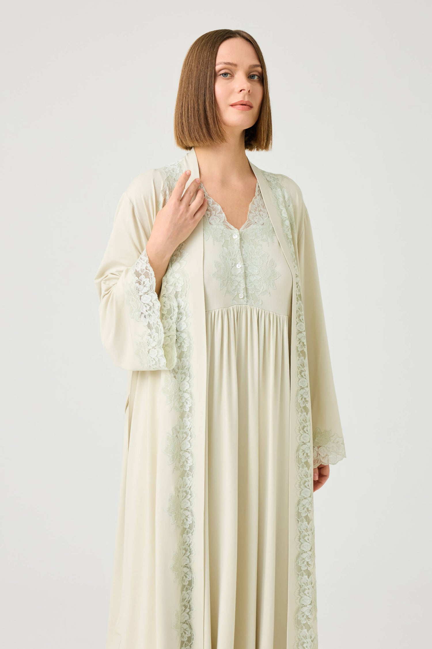 Solenne Long Cotton Jersey Robe Set with Sage Green Lace Sage Green