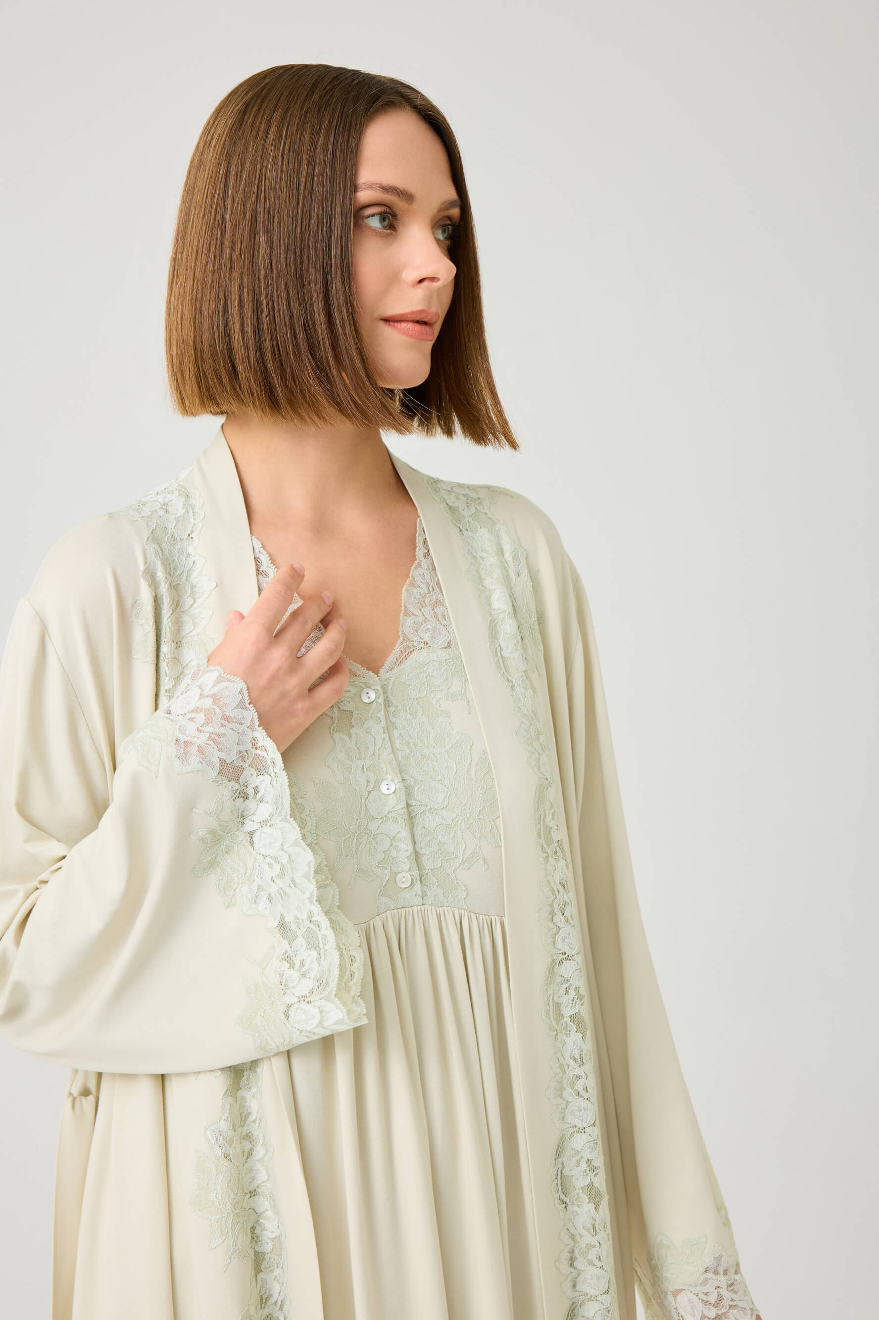 Solenne Long Cotton Jersey Robe Set with Sage Green Lace Sage Green