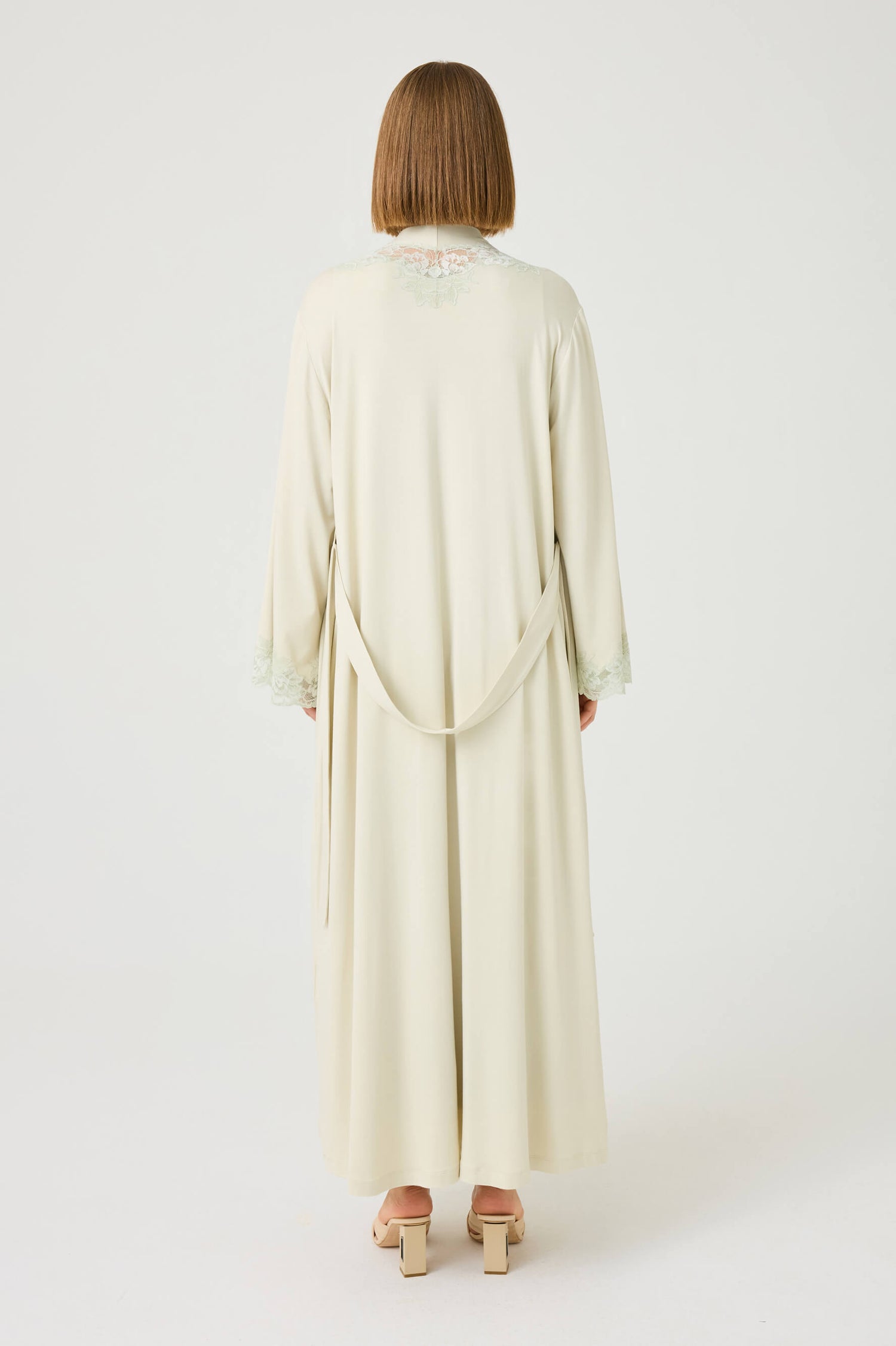 Solenne Long Cotton Jersey Robe Set with Sage Green Lace Sage Green