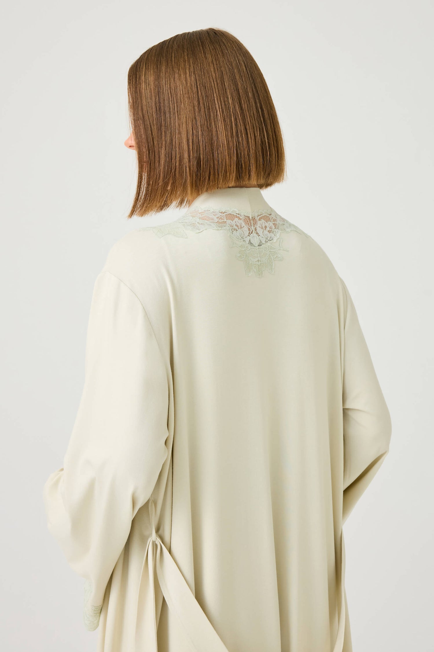 Solenne Long Cotton Jersey Robe Set with Sage Green Lace Sage Green