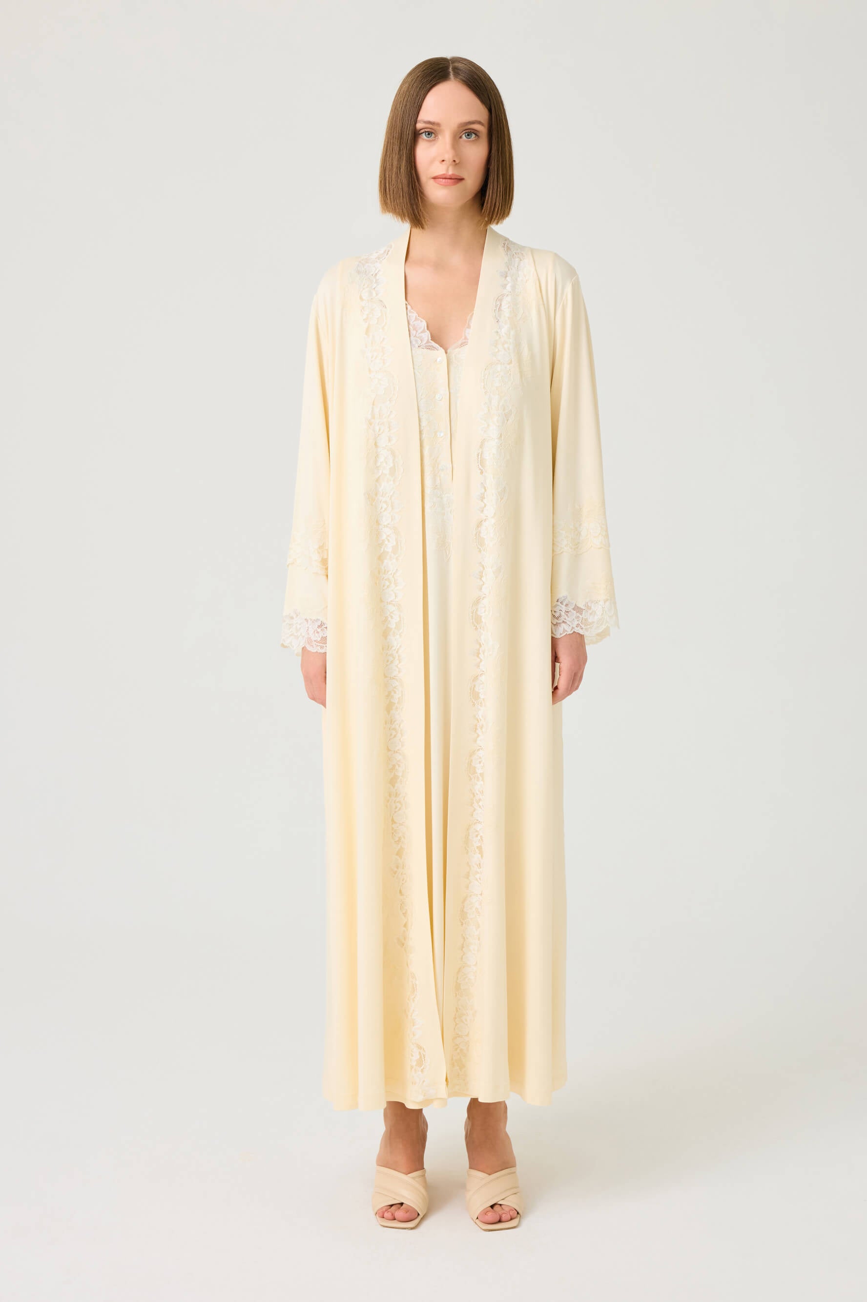 Solenne Long Cotton Jersey Robe Set with Honey Lace on Honey