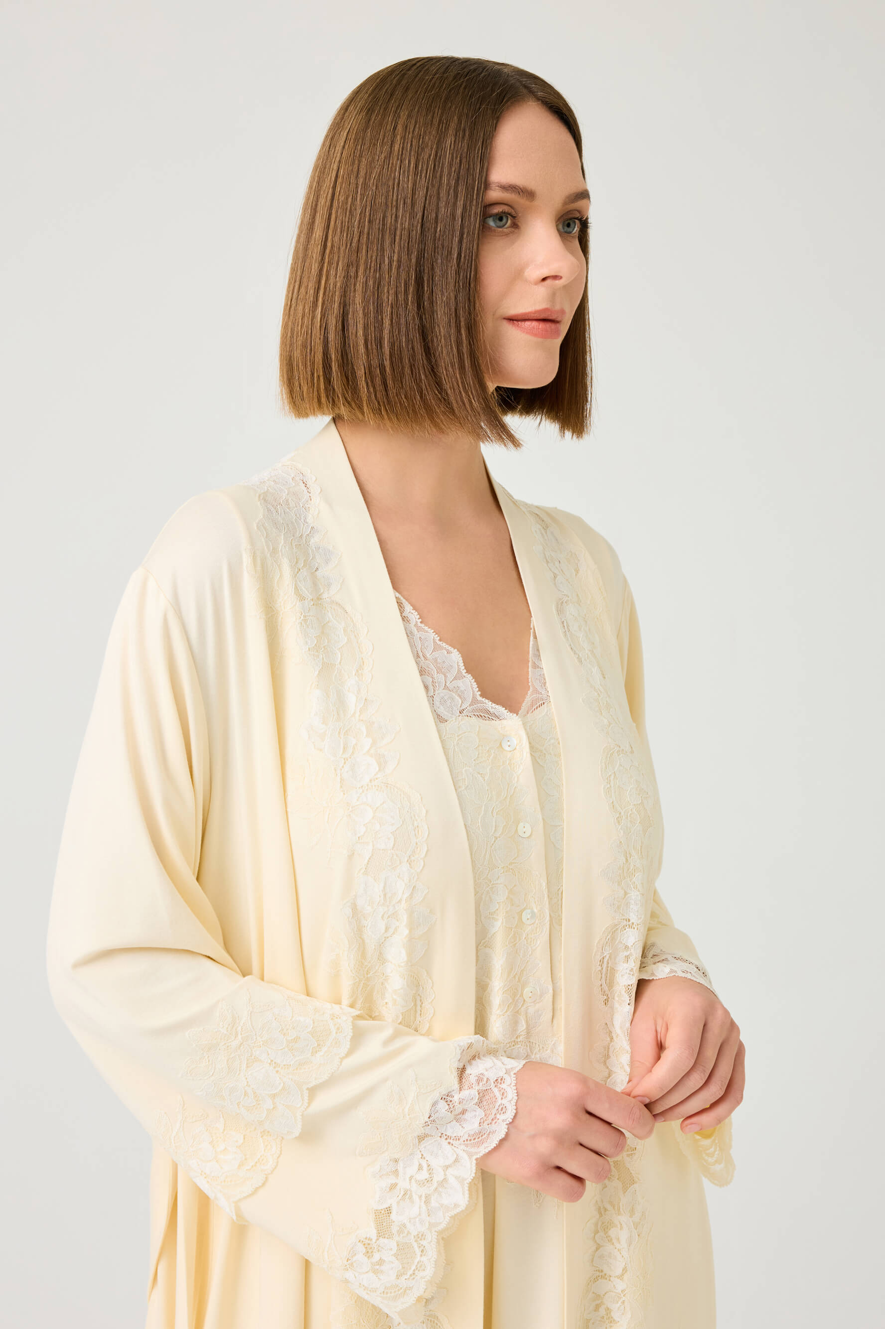 Solenne Long Cotton Jersey Robe Set with Honey Lace on Honey