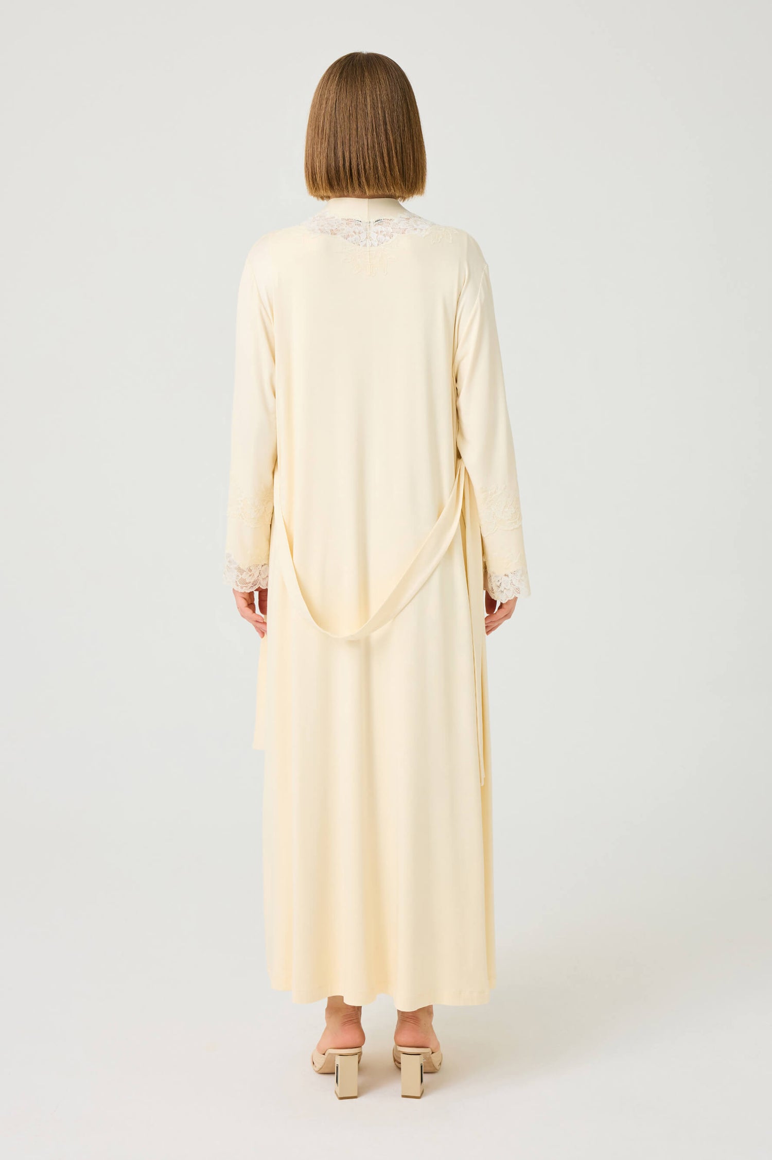 Solenne Long Cotton Jersey Robe Set with Honey Lace on Honey