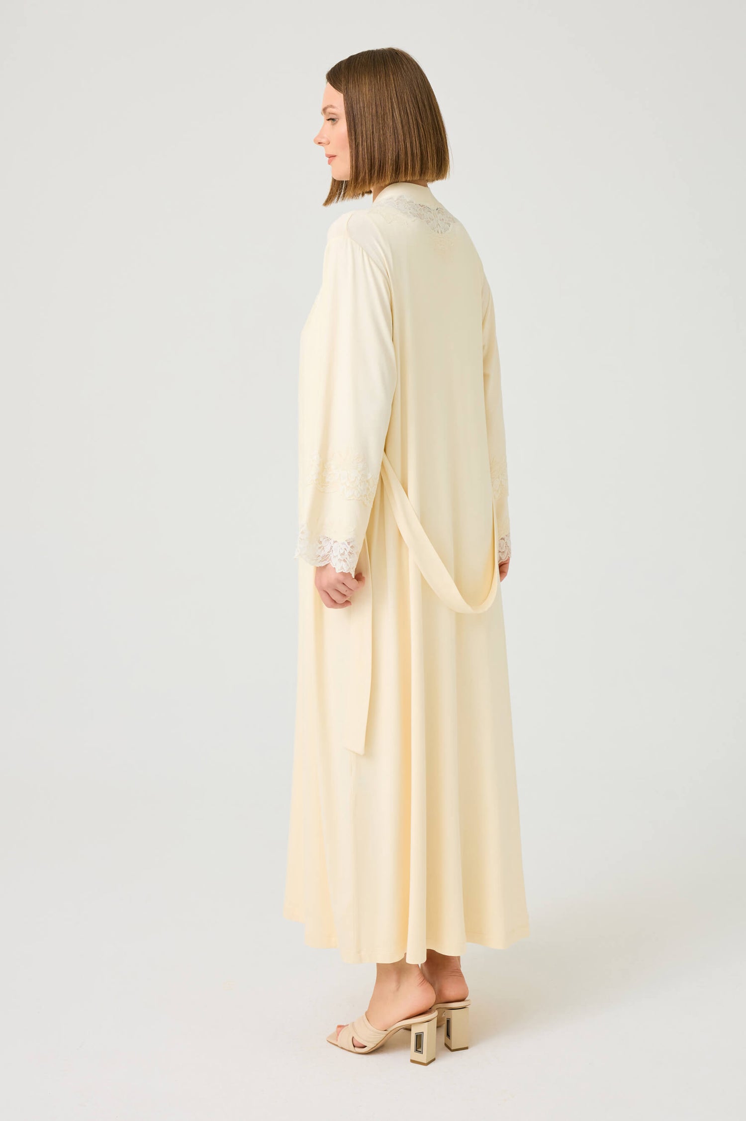 Solenne Long Cotton Jersey Robe Set with Honey Lace on Honey