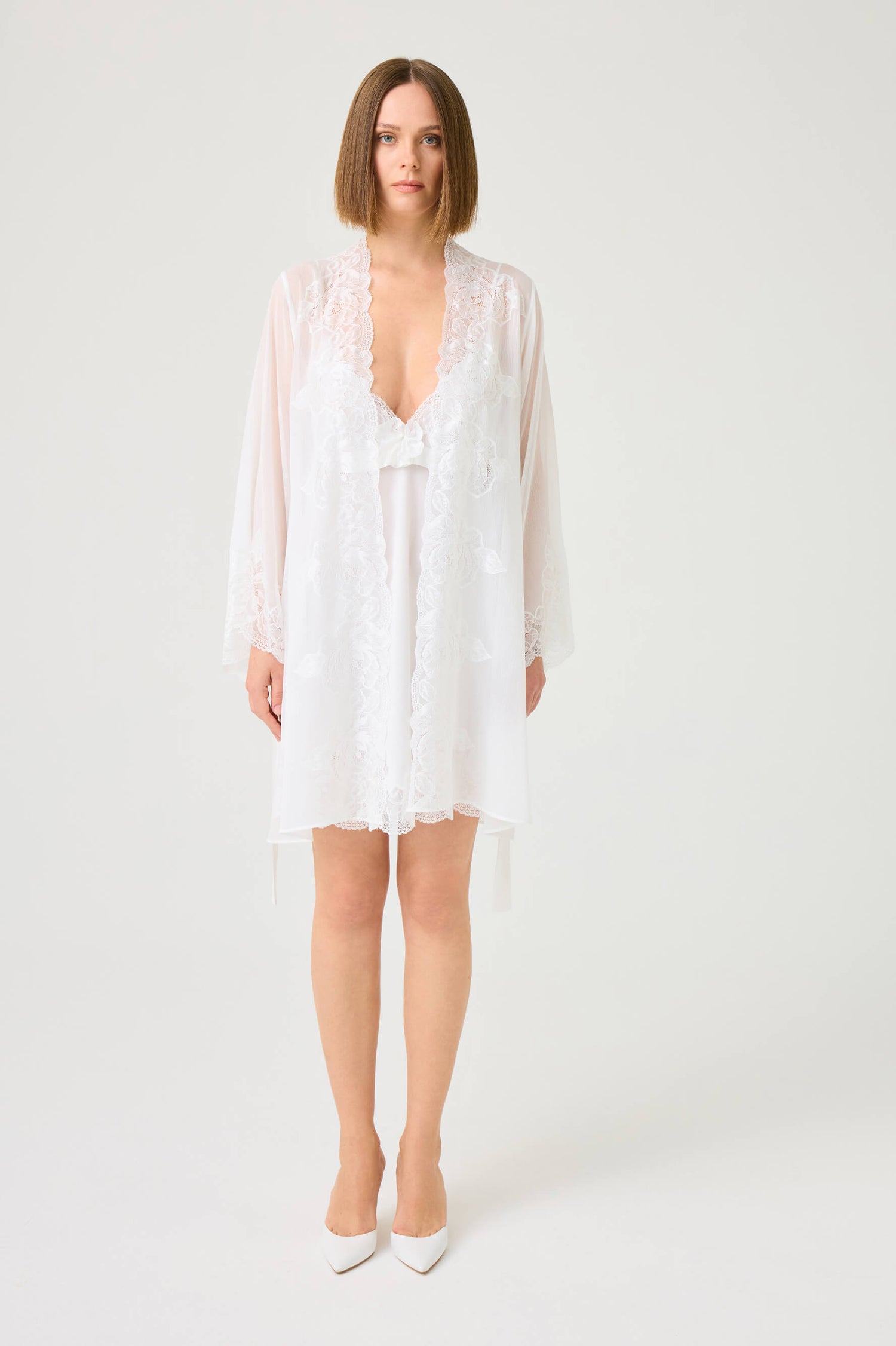 Miss Rosabelle Short Silky Chiffon Robe Set with Off White Lace on Off White