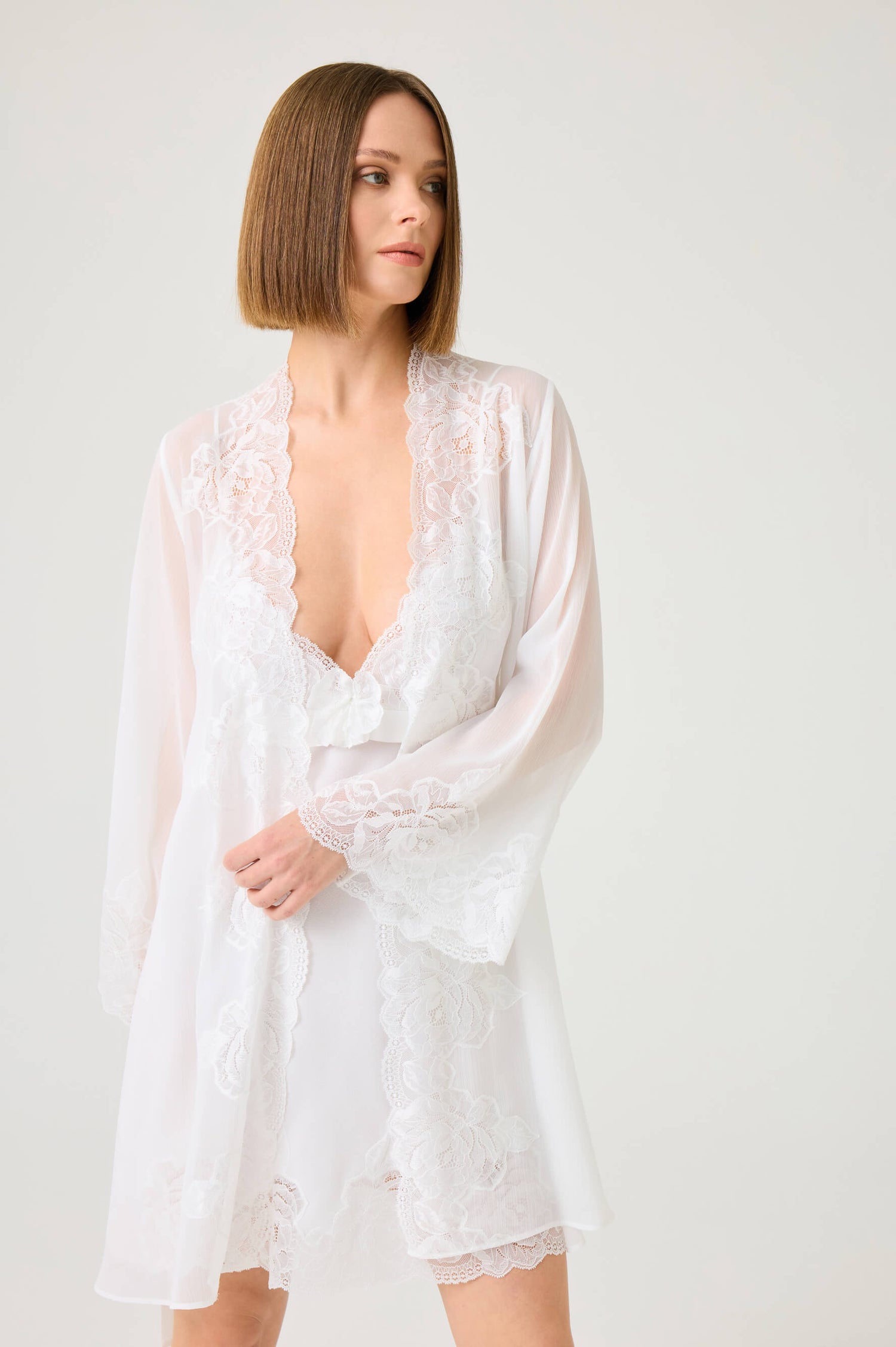 Miss Rosabelle Short Silky Chiffon Robe Set with Off White Lace on Off White