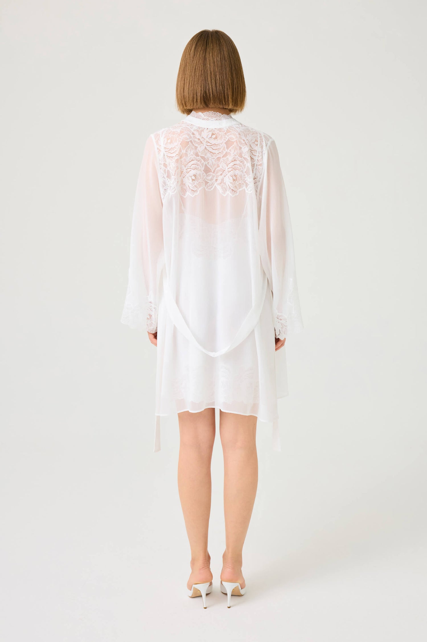 Miss Rosabelle Short Silky Chiffon Robe Set with Off White Lace on Off White