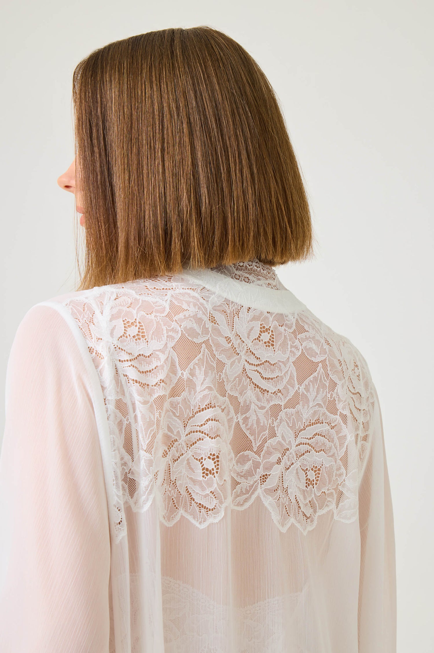 Miss Rosabelle Short Silky Chiffon Robe Set with Off White Lace on Off White