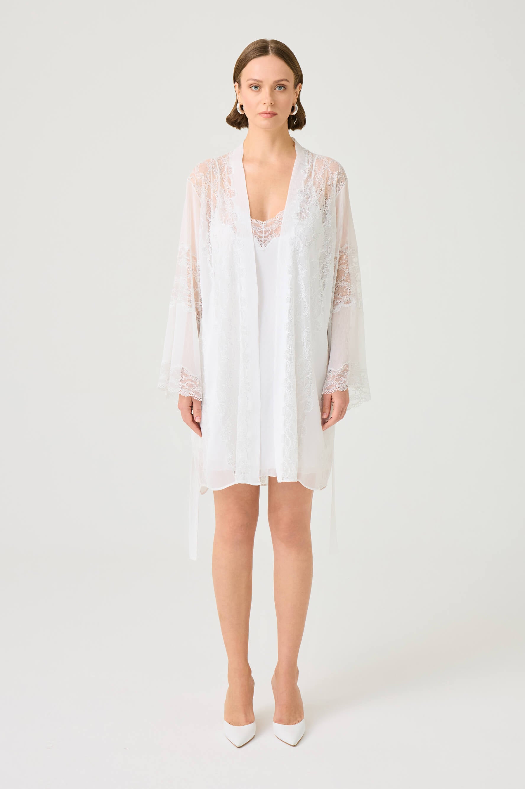 Carinita Short Silky Chiffon Robe Set with Silver Lace on Off White