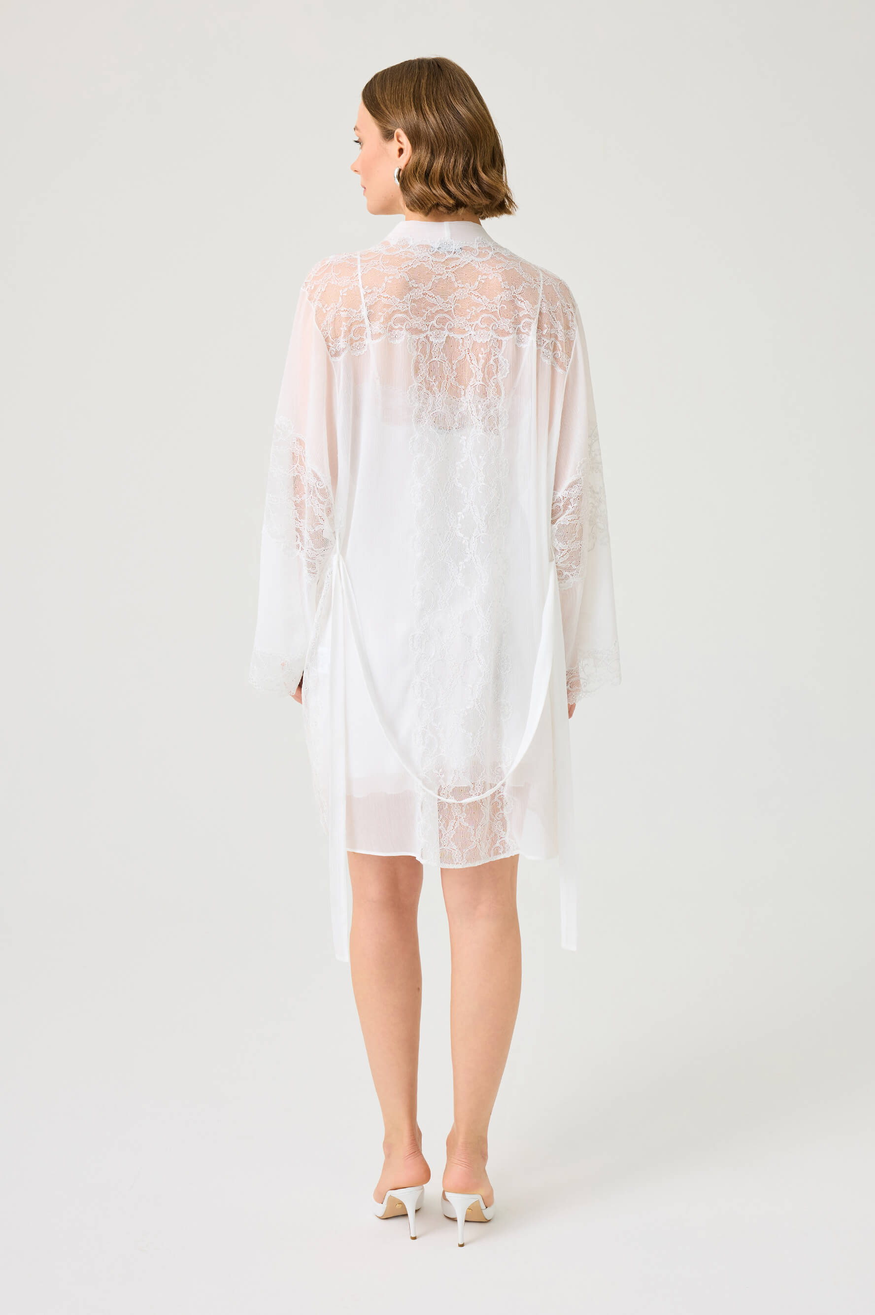 Carinita Short Silky Chiffon Robe Set with Silver Lace on Off White