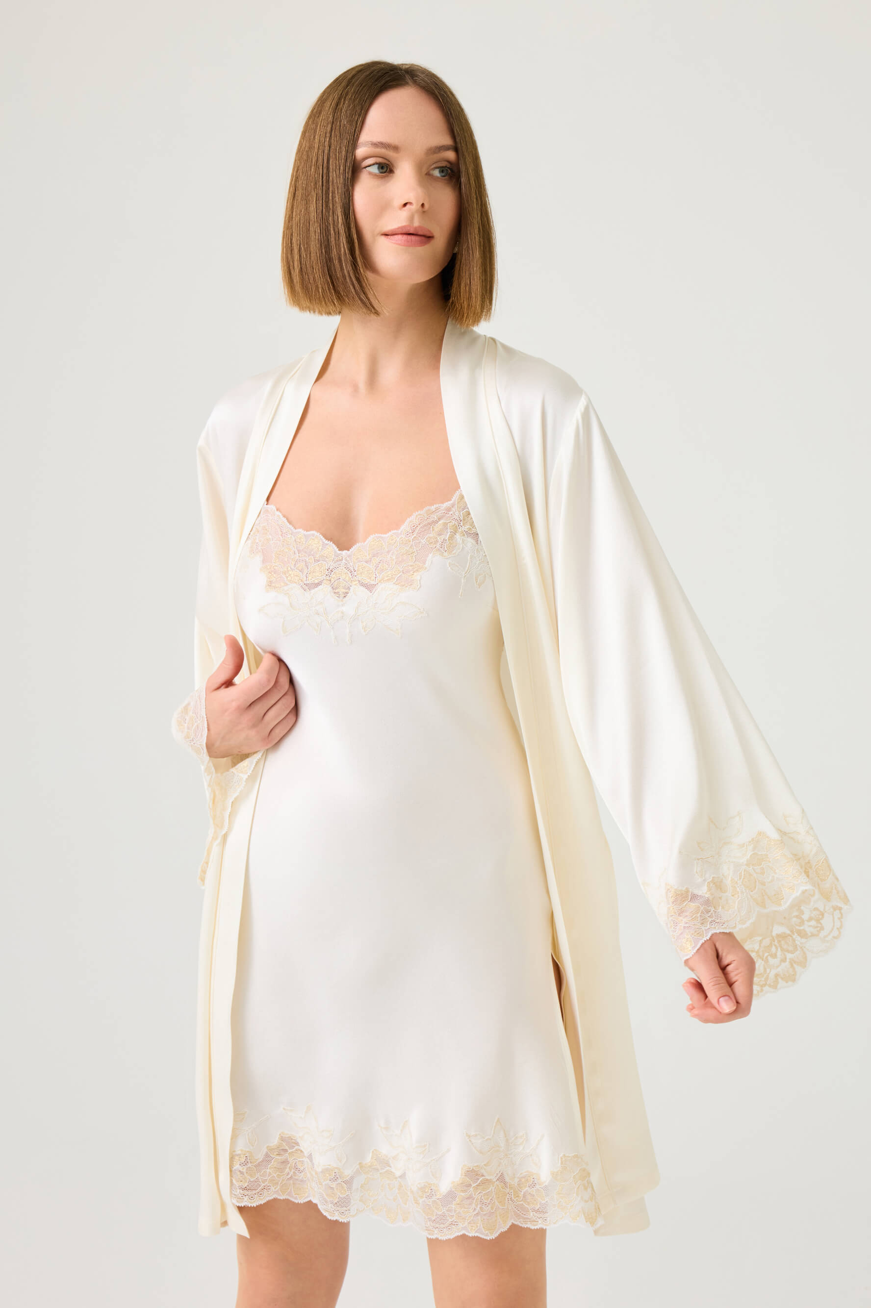 Vela Short Rayon Robe Set with Gold Lace on Off White