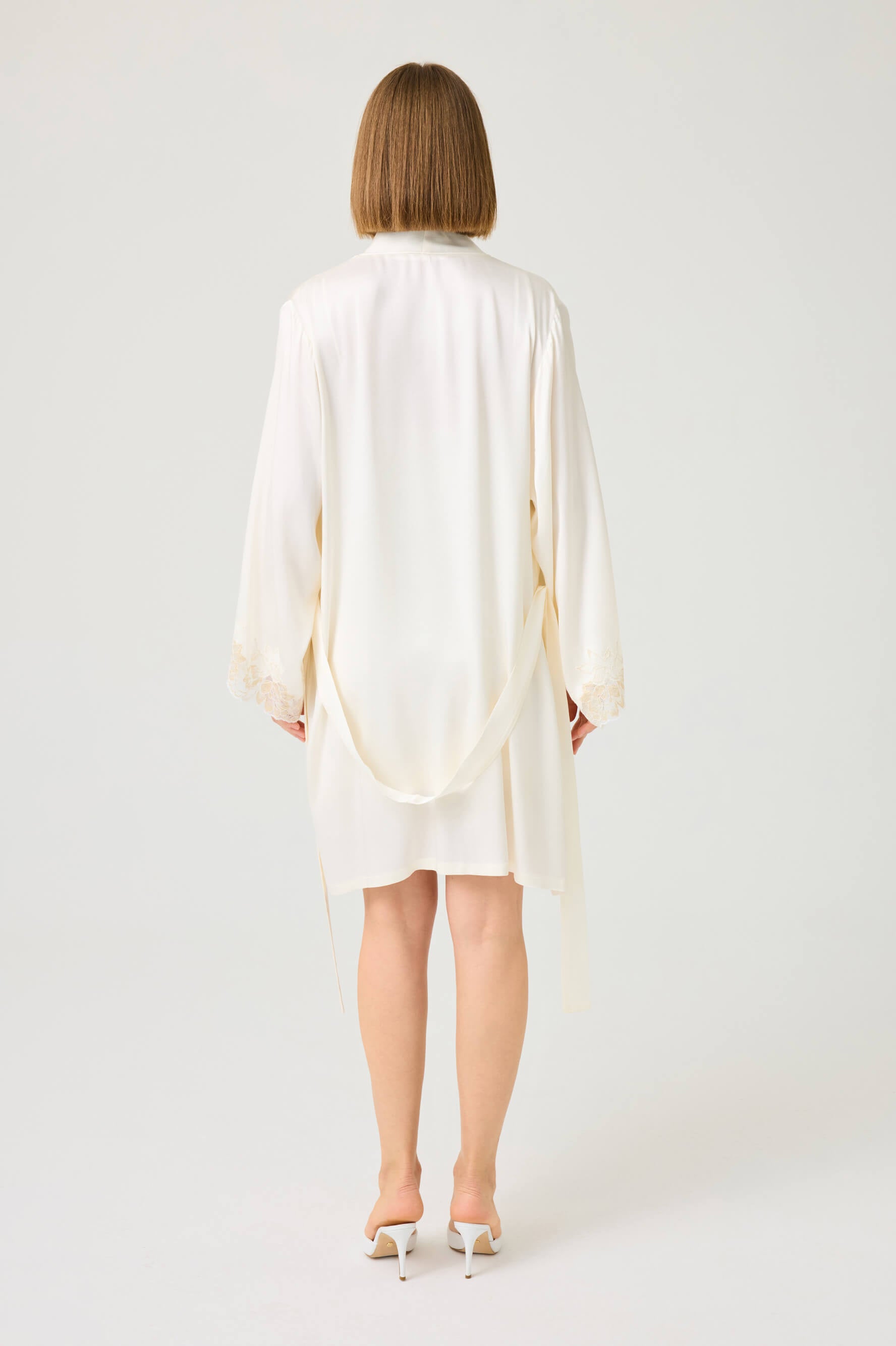 Vela Short Rayon Robe Set with Gold Lace on Off White