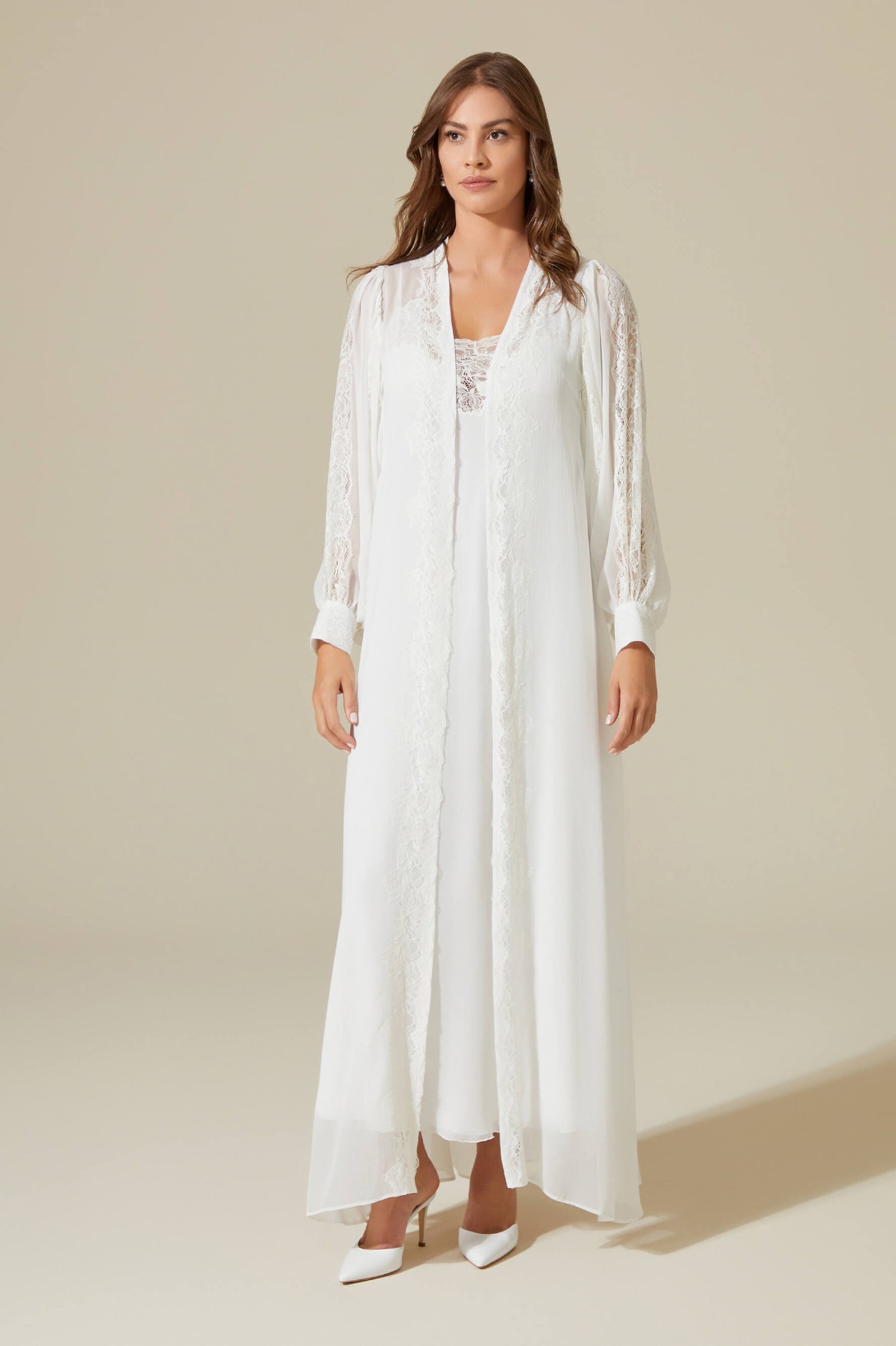 Carina Long Silky Chiffon Robe Set - Off White on Off White