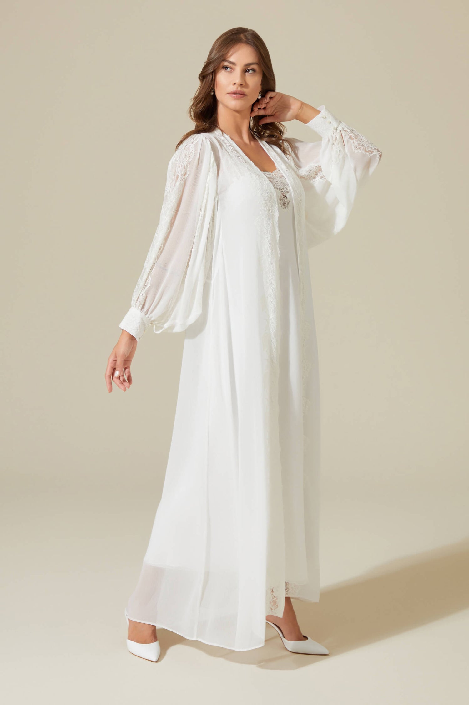 Carina Long Silky Chiffon Robe Set - Off White on Off White