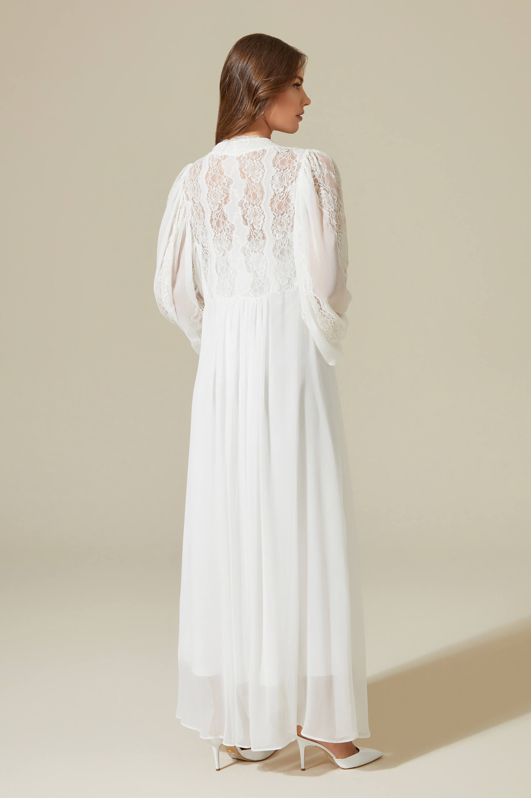 Carina Long Silky Chiffon Robe Set - Off White on Off White