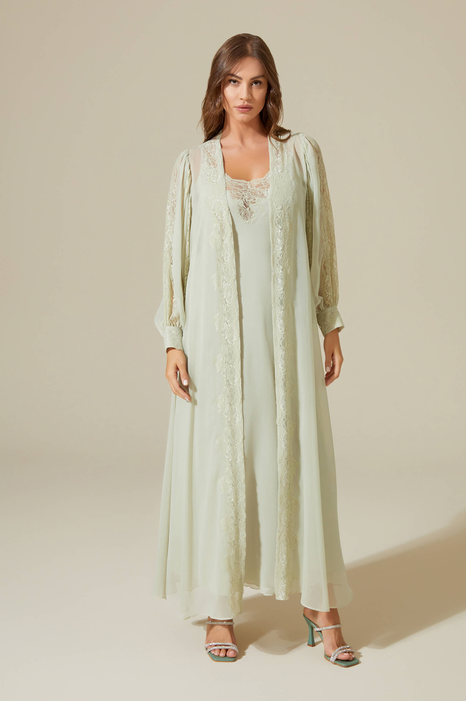 Carina Long Silky Chiffon Robe Set - Sage Green Lace on Sage Green