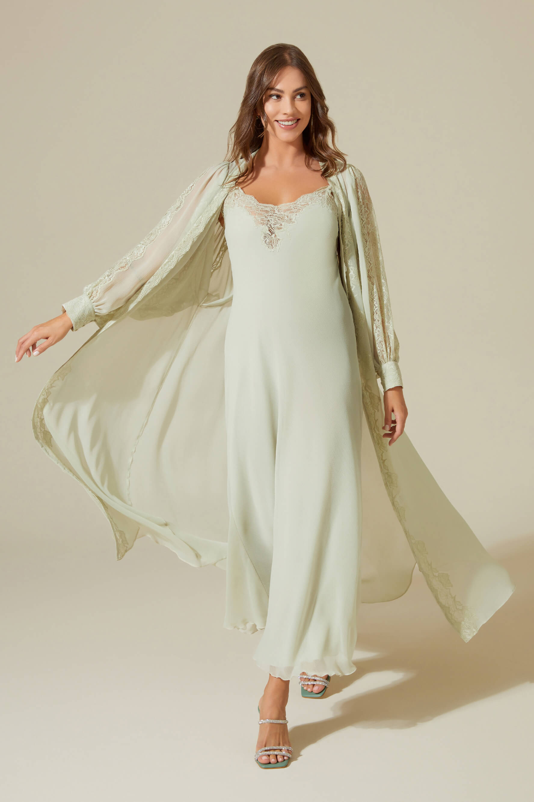 Carina Long Silky Chiffon Robe Set - Sage Green Lace on Sage Green