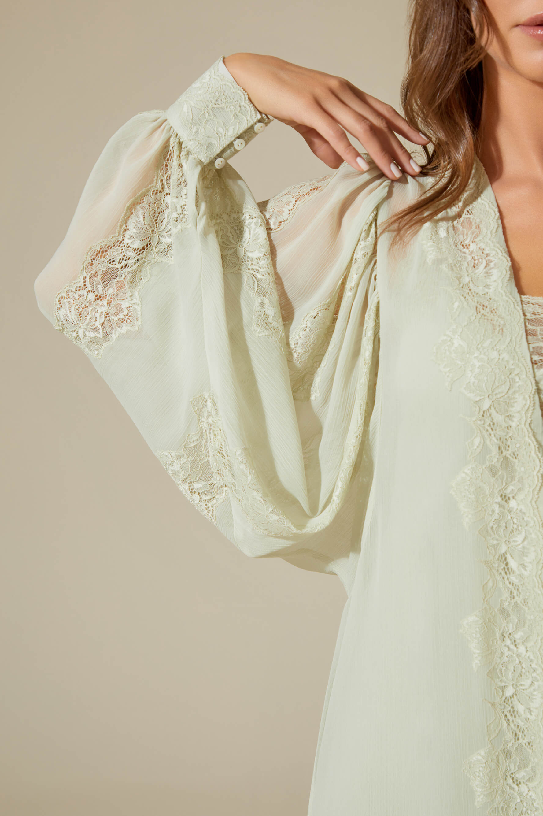 Carina Long Silky Chiffon Robe Set - Sage Green Lace on Sage Green