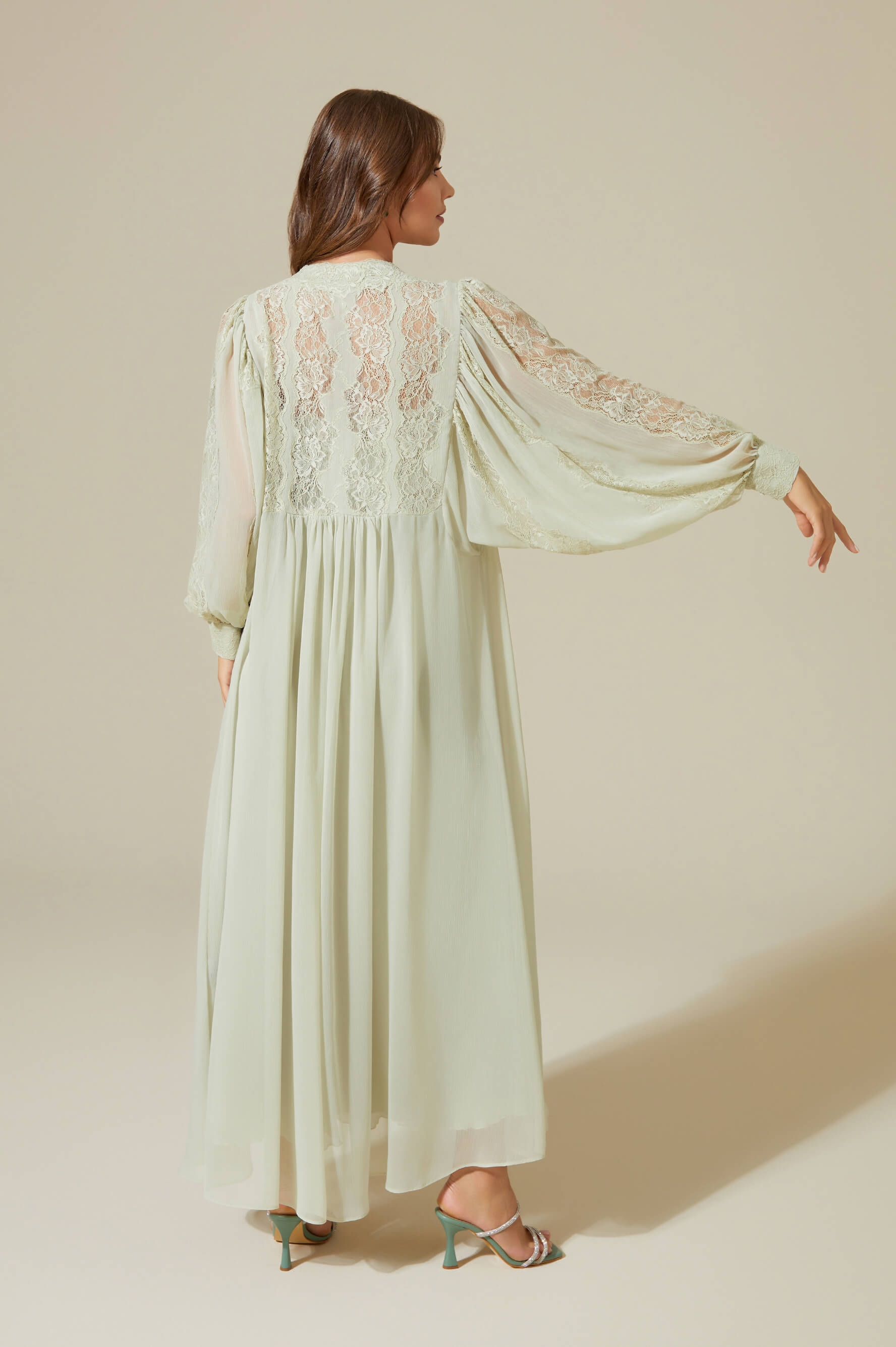 Carina Long Silky Chiffon Robe Set - Sage Green Lace on Sage Green