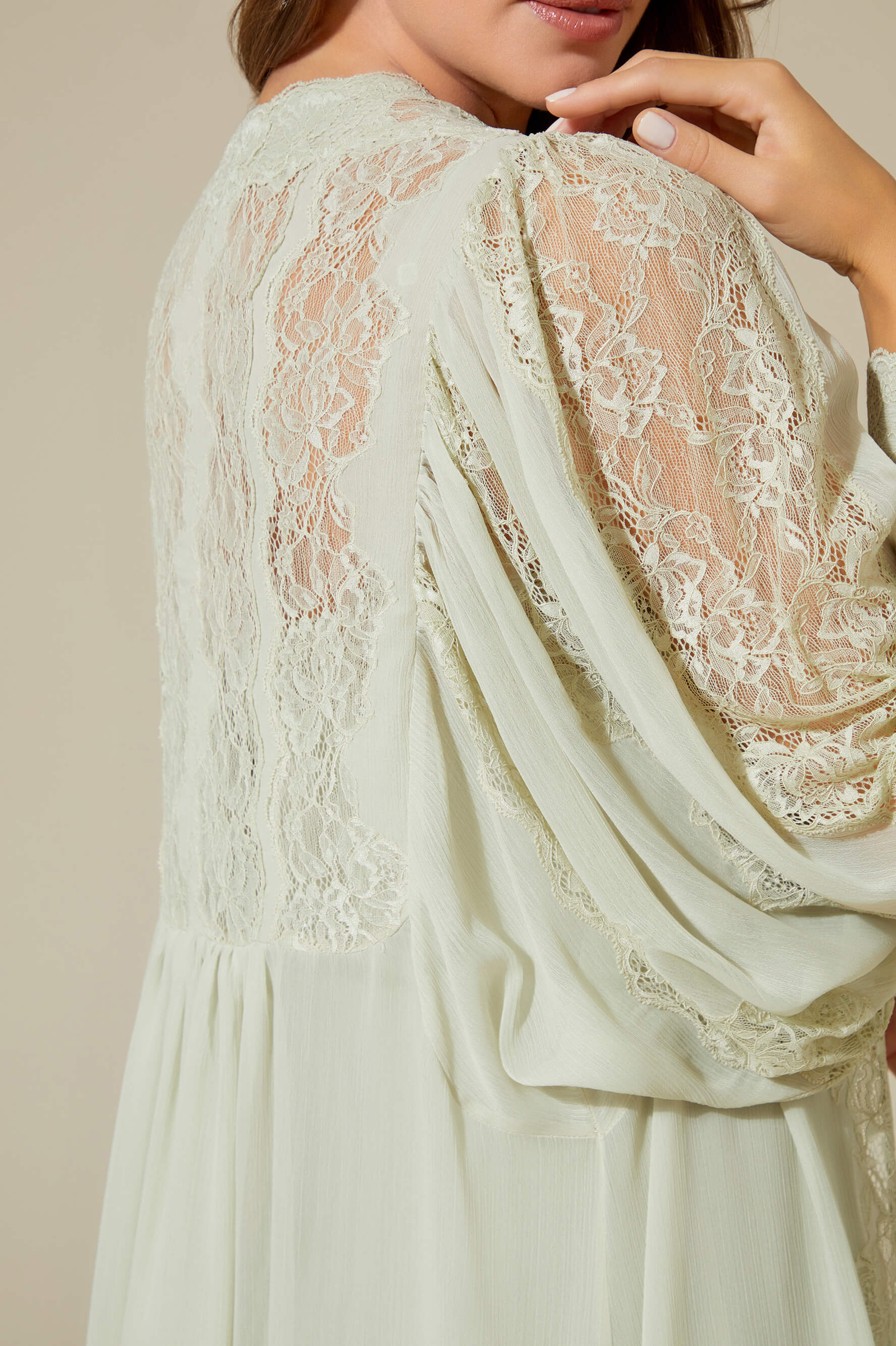 Carina Long Silky Chiffon Robe Set - Sage Green Lace on Sage Green