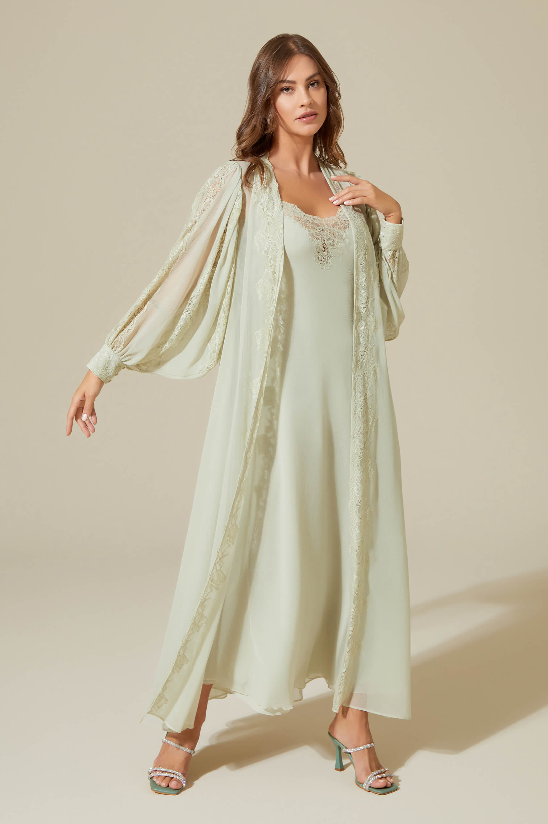 Carina Long Silky Chiffon Robe Set - Sage Green Lace on Sage Green