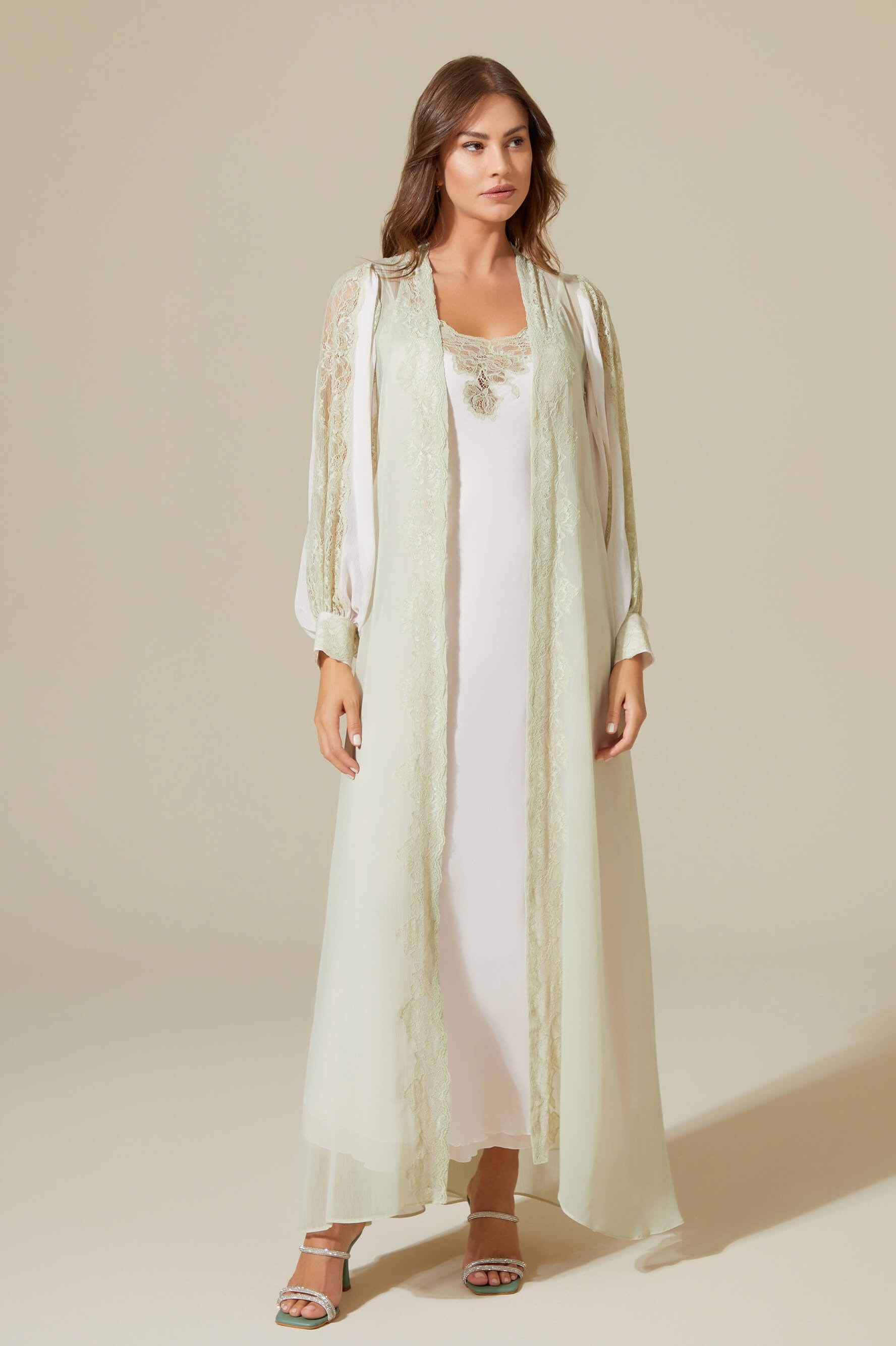 Carina Long Silky Chiffon Robe Set - Sage Green Lace on Light Pink