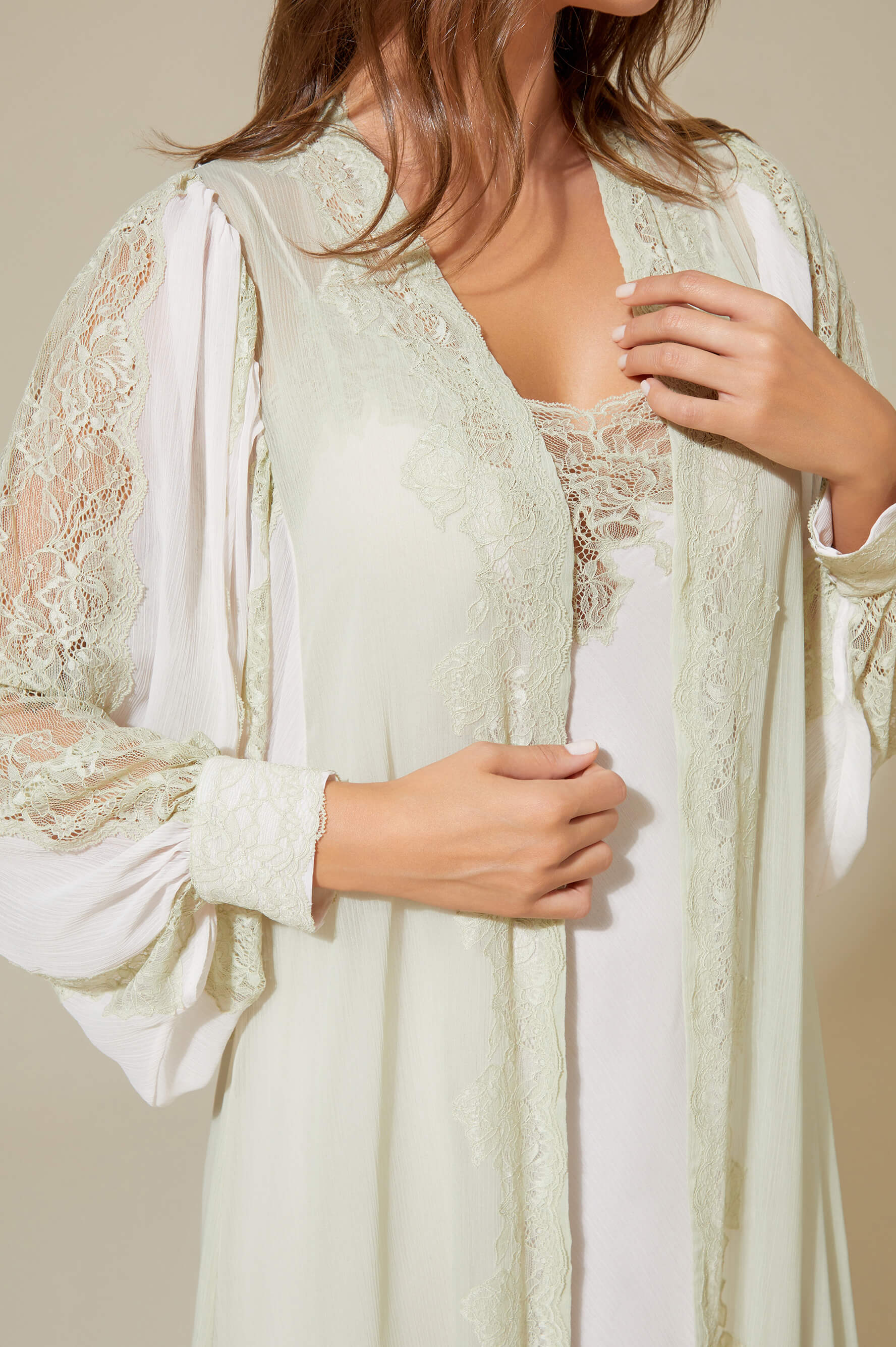Carina Long Silky Chiffon Robe Set - Sage Green Lace on Light Pink