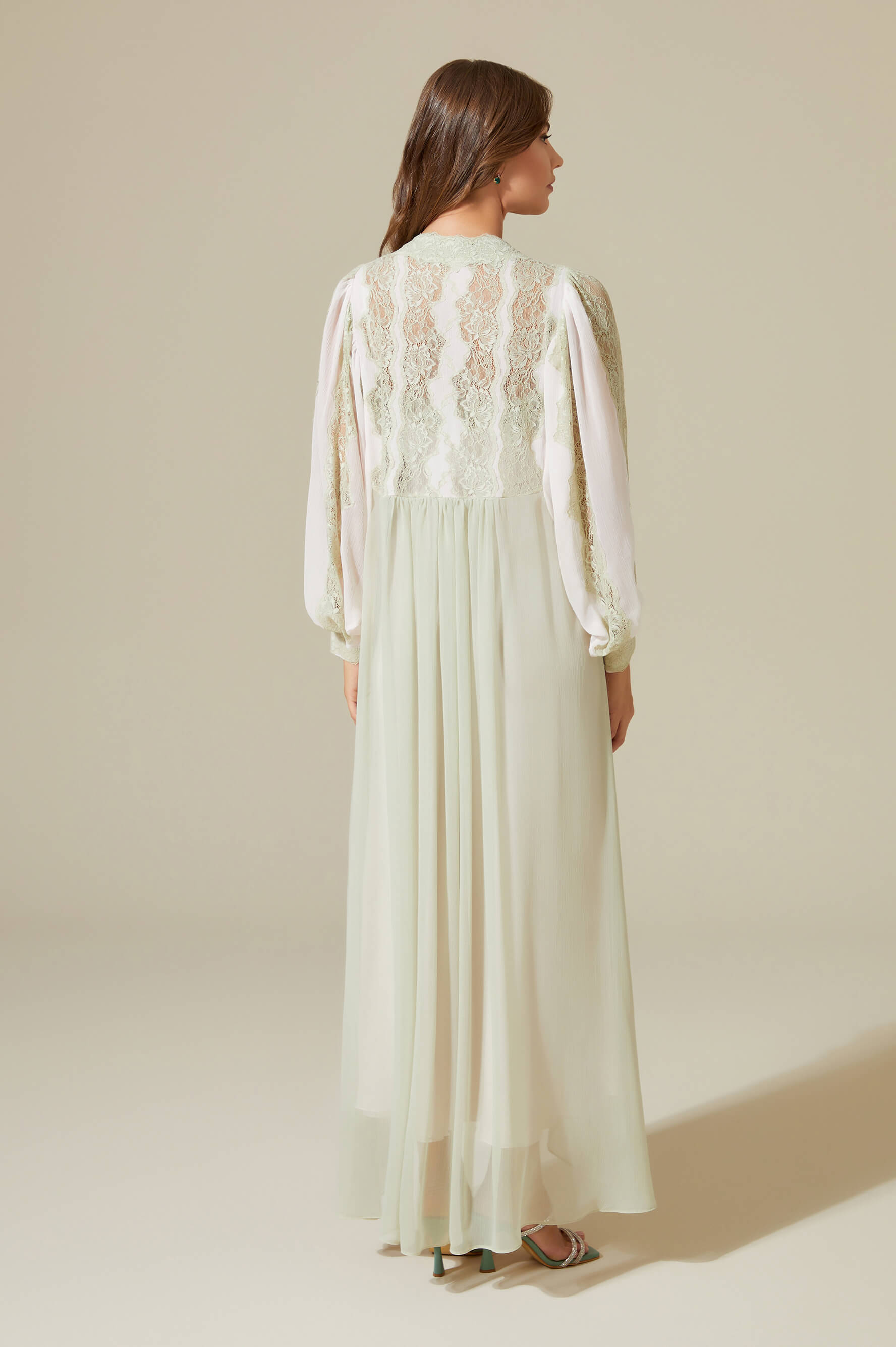 Carina Long Silky Chiffon Robe Set - Sage Green Lace on Light Pink