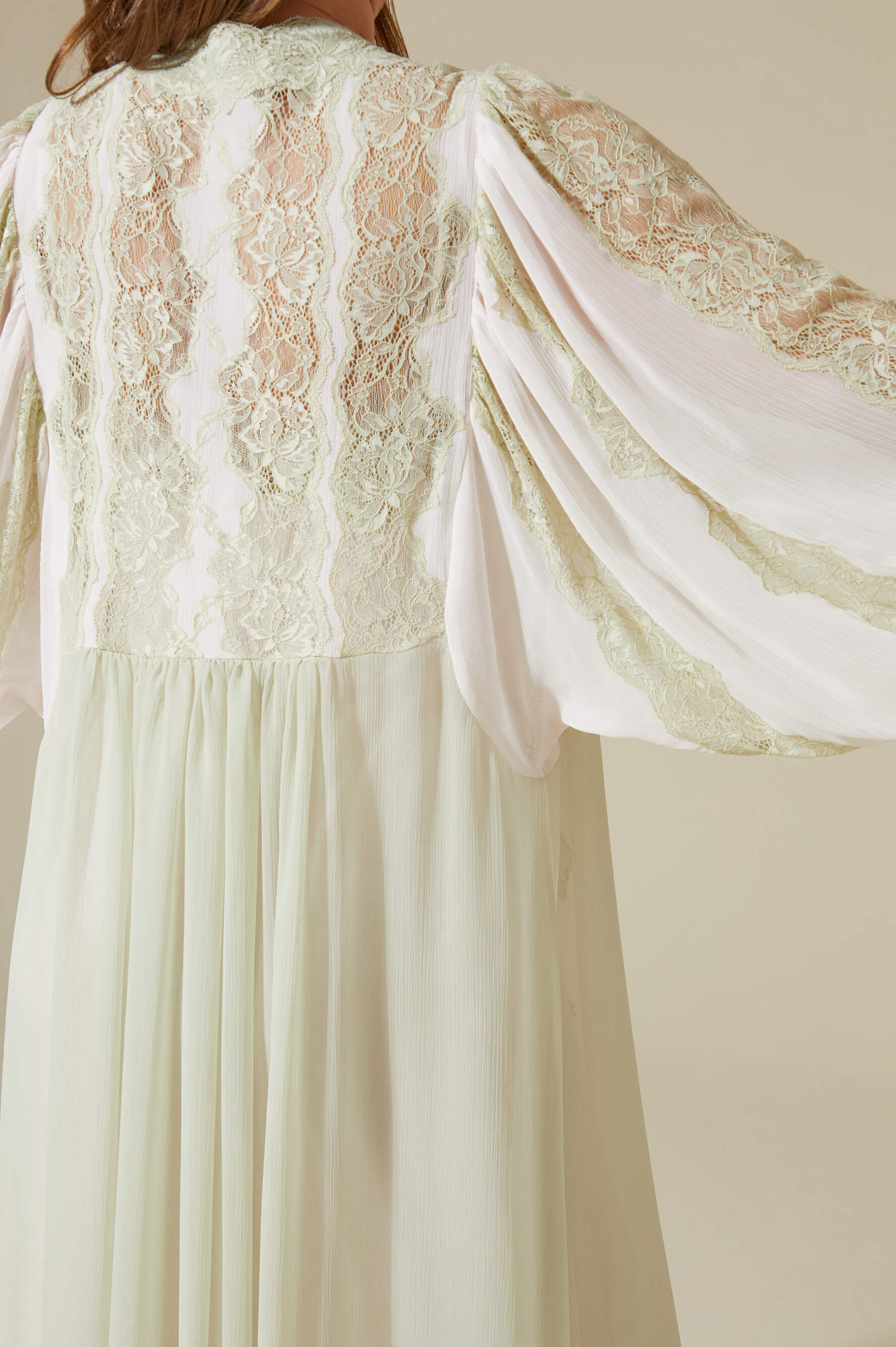 Carina Long Silky Chiffon Robe Set - Sage Green Lace on Light Pink