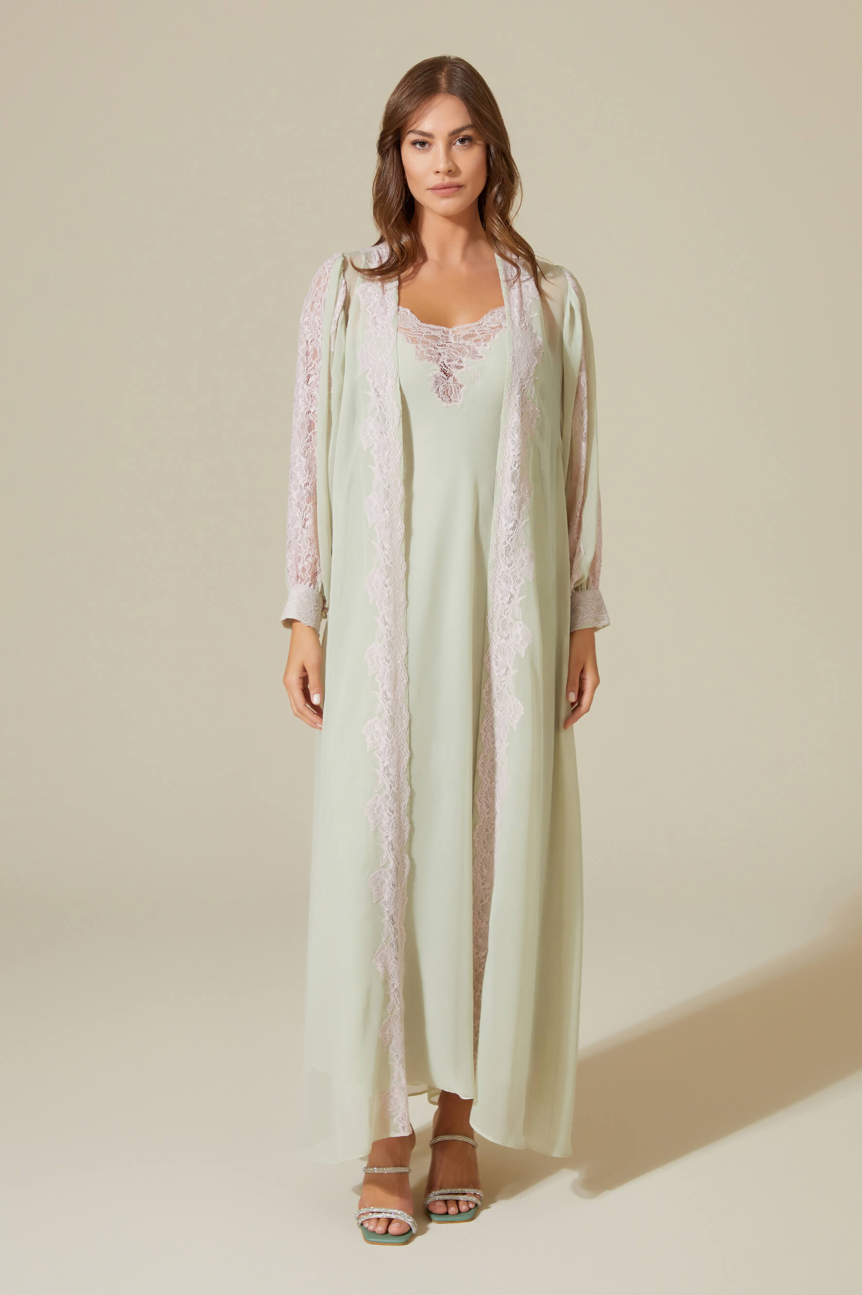 Carina Long Silky Chiffon Robe Set - Pink Lace on Sage Green