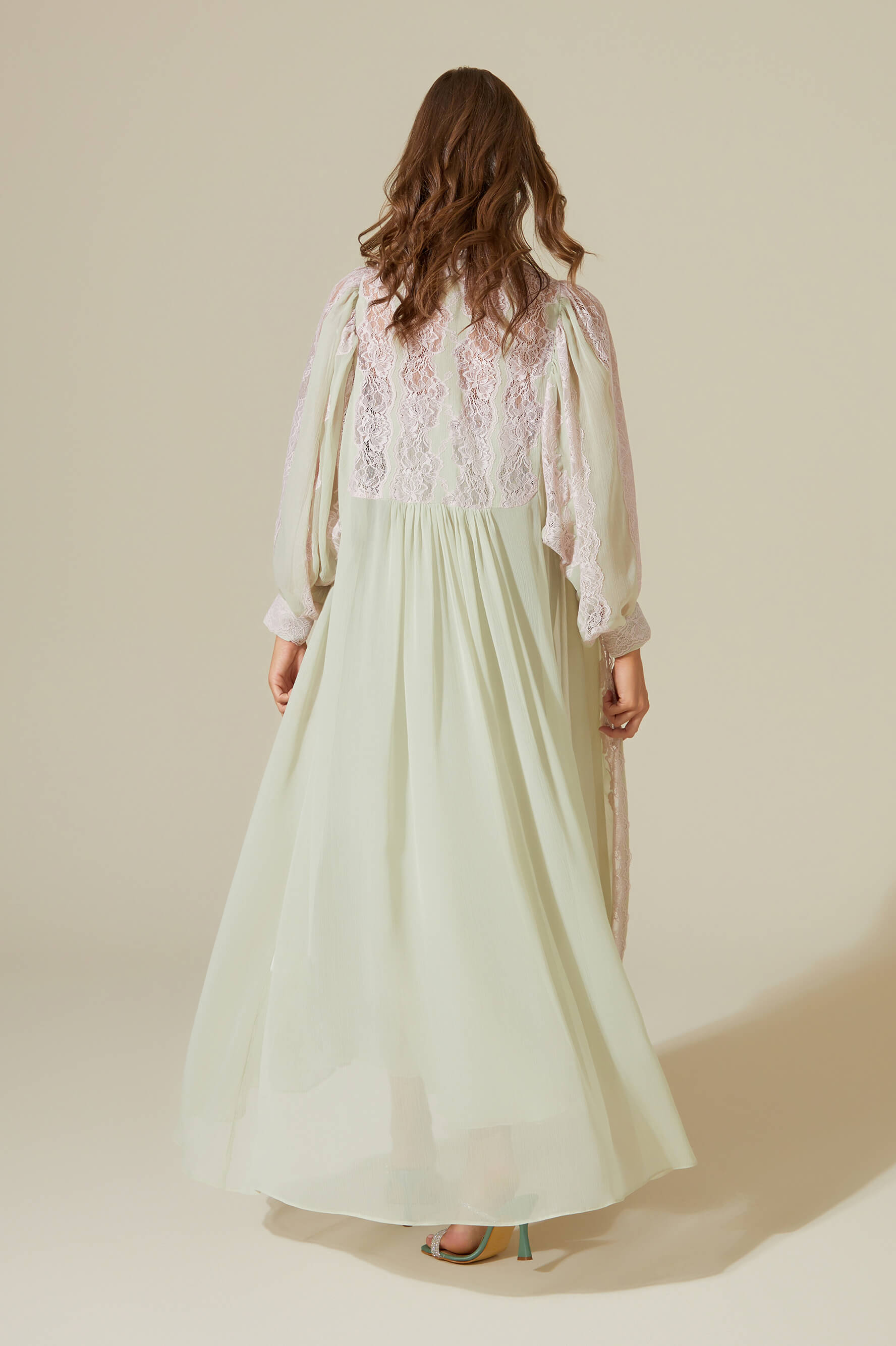 Carina Long Silky Chiffon Robe Set - Pink Lace on Sage Green