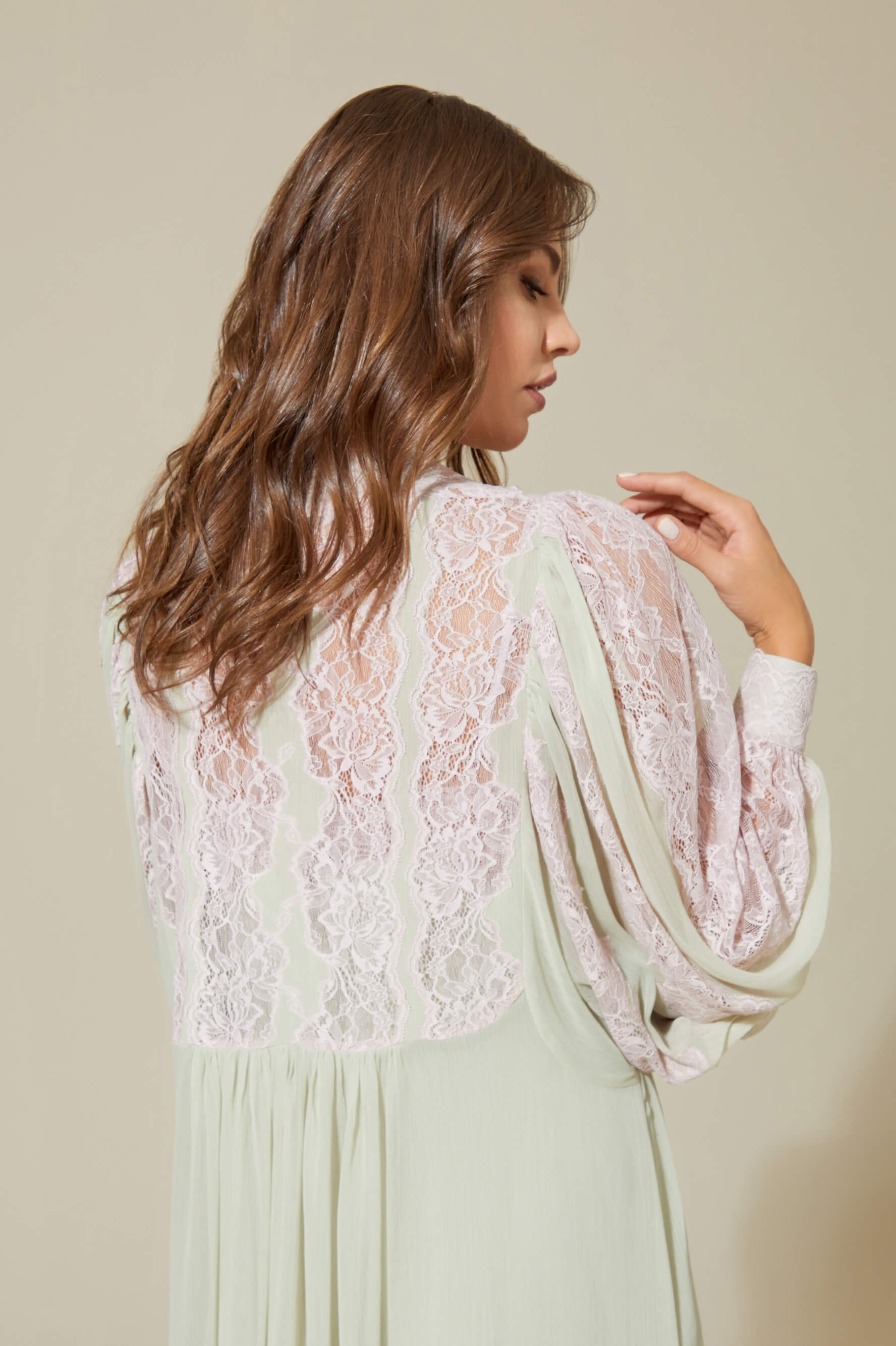Carina Long Silky Chiffon Robe Set - Pink Lace on Sage Green