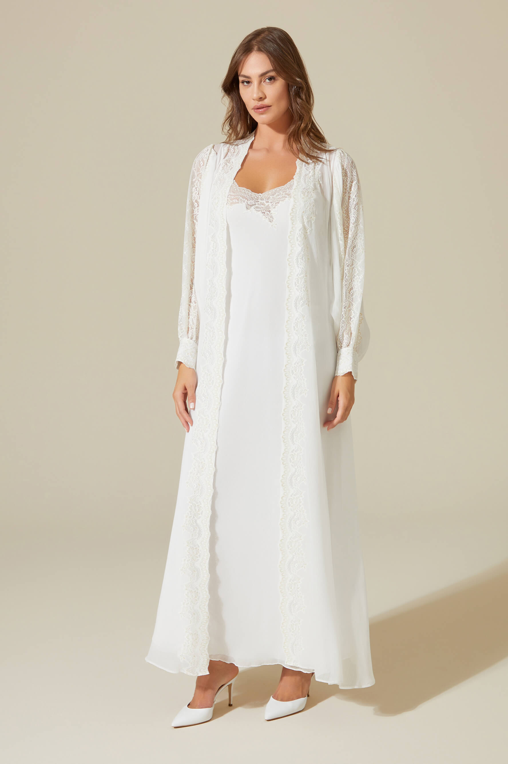 Ora - Long Silky Chiffon Robe Set - Golden Lace detail on White