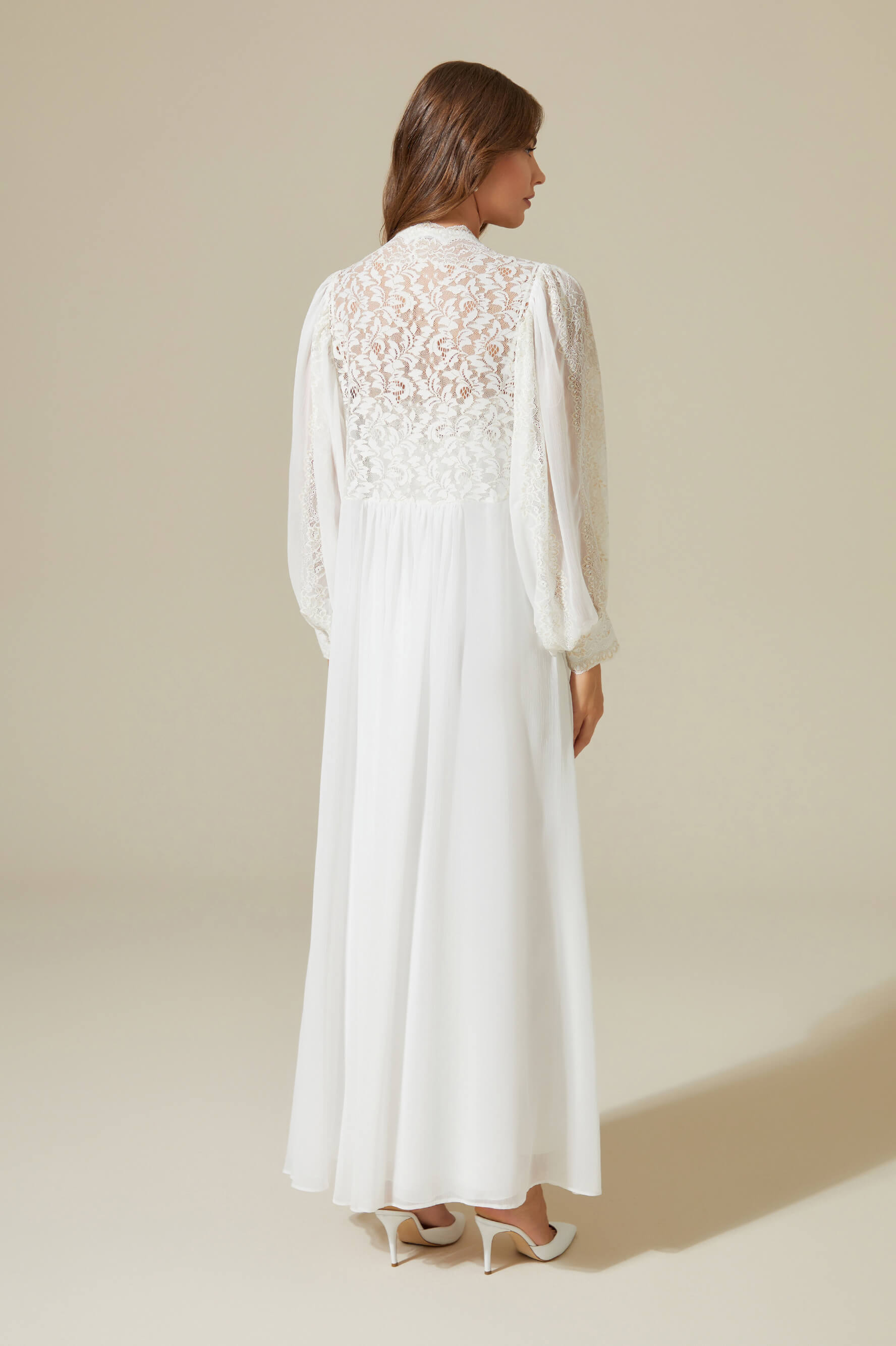 Ora - Long Silky Chiffon Robe Set - Golden Lace detail on White