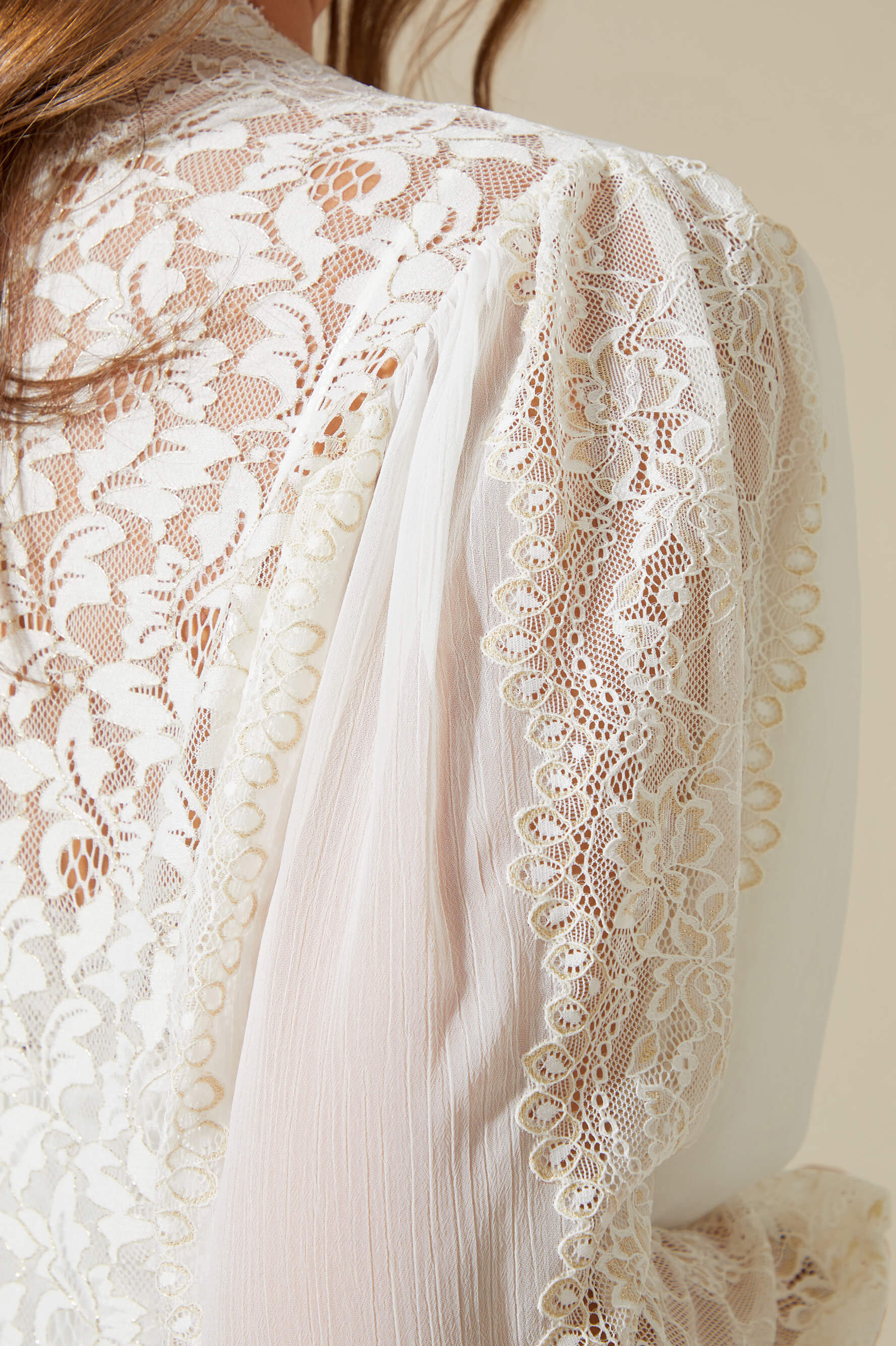 Ora - Long Silky Chiffon Robe Set - Golden Lace detail on White