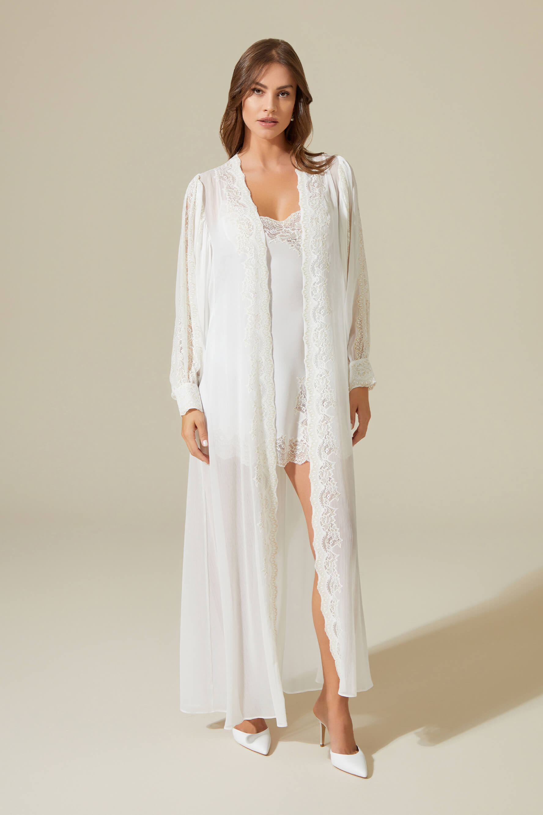Miss Ora - Long Silky Chiffon Robe Set - Golden Lace detail on White