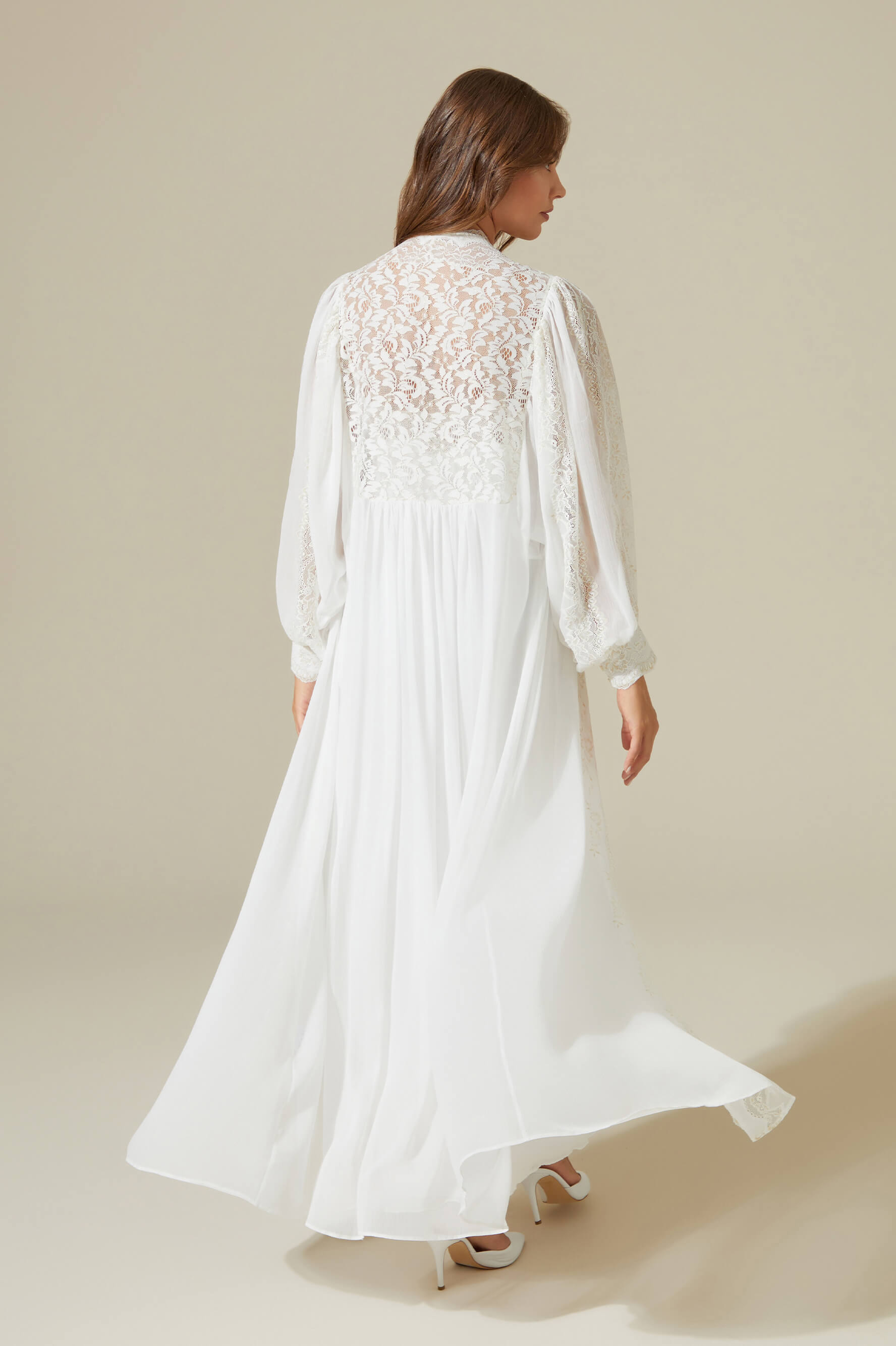 Miss Ora - Long Silky Chiffon Robe Set - Golden Lace detail on White