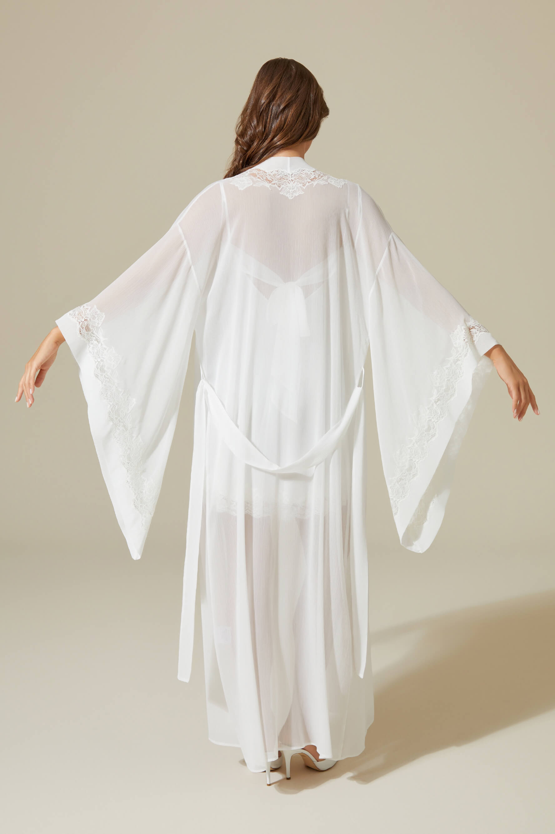Nikita - Long Silky Chiffon Robe Set - White on White