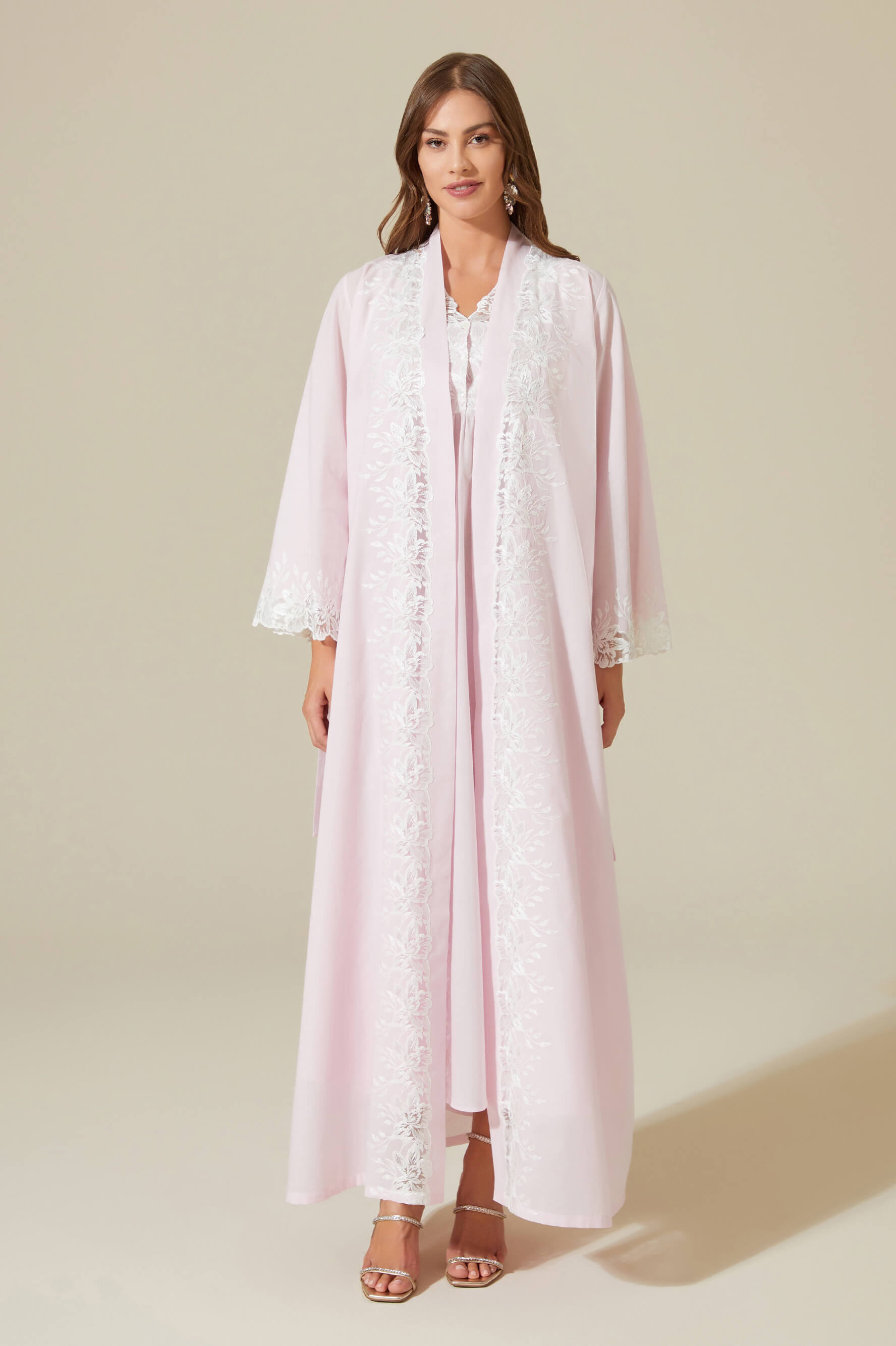 Maia-Trimmed Cotton Voile Long Sleeve Robe Set - Baby Pink