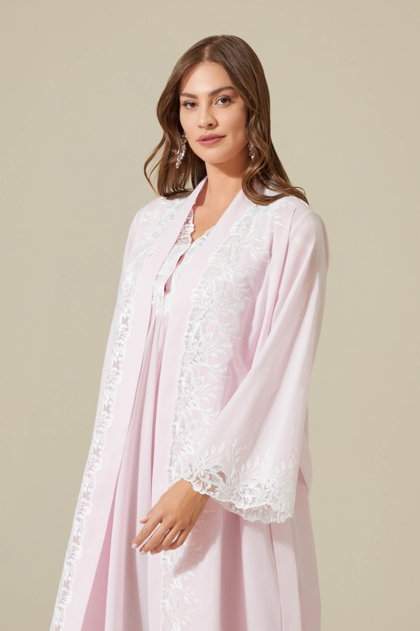 Maia-Trimmed Cotton Voile Long Sleeve Robe Set - Baby Pink